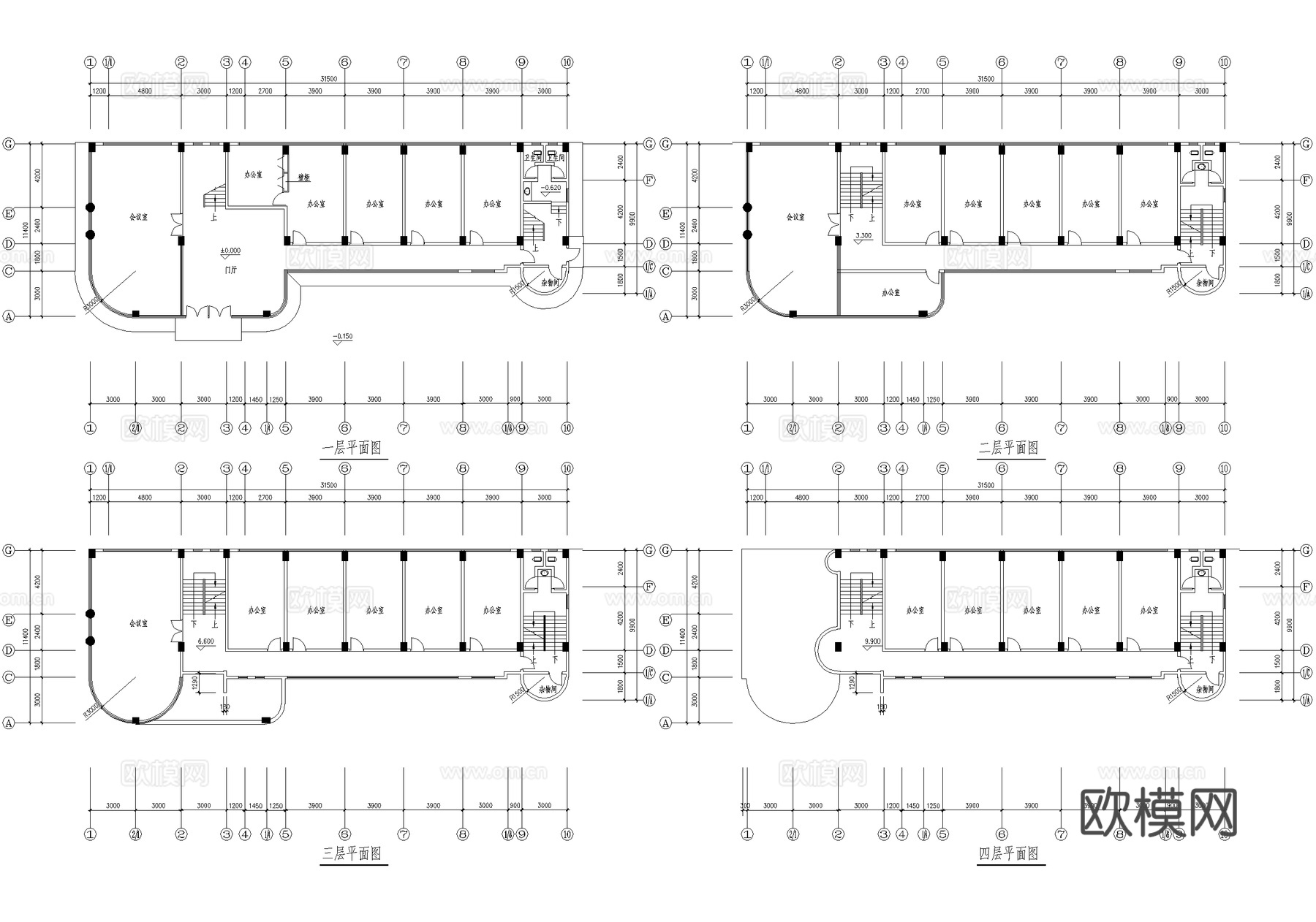 多层办公楼建筑平面图cad施工图
