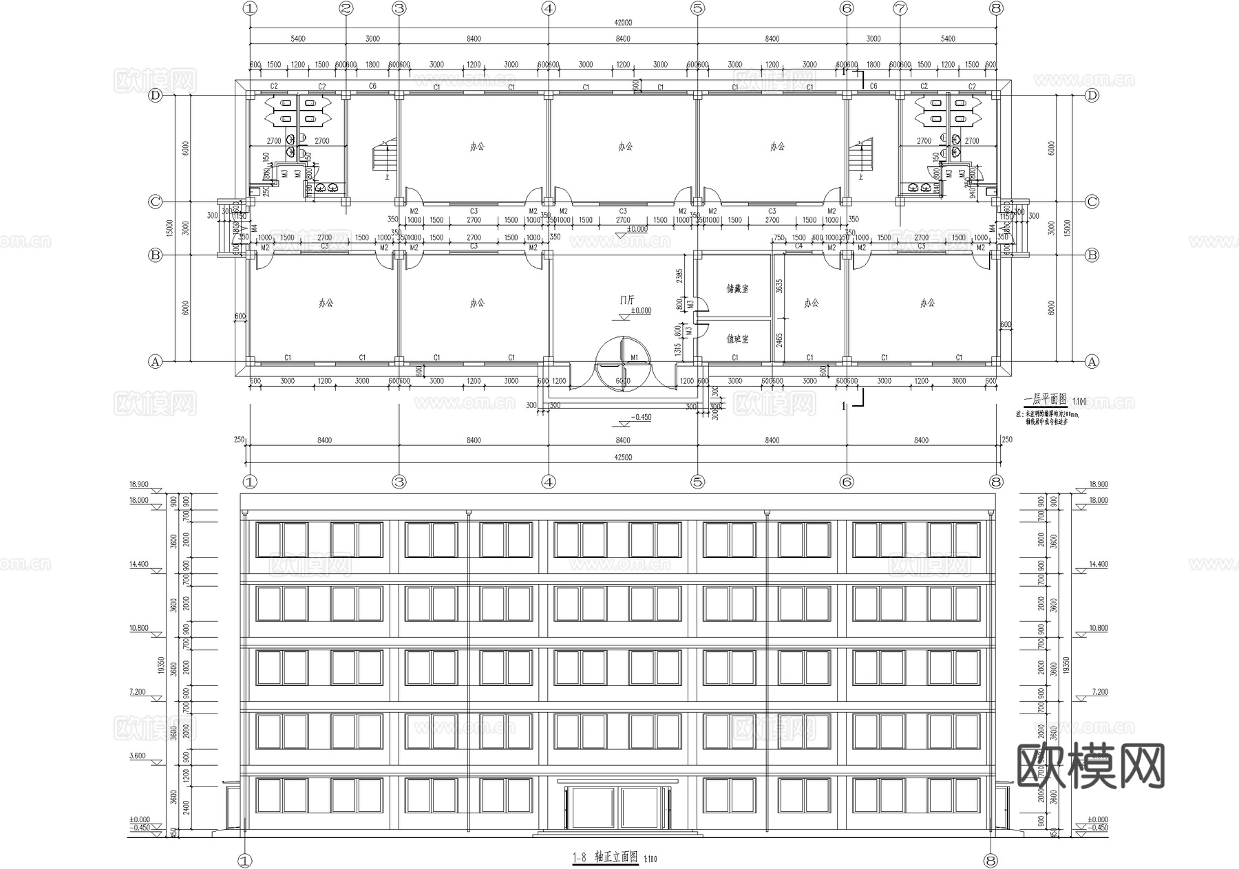五层商务写字楼办公楼建筑cad施工图