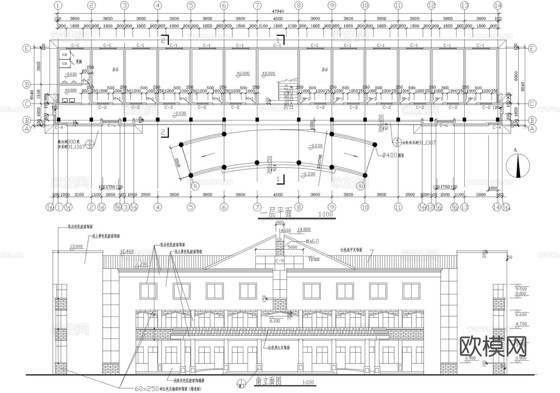 三层政府办公大楼建筑cad施工图
