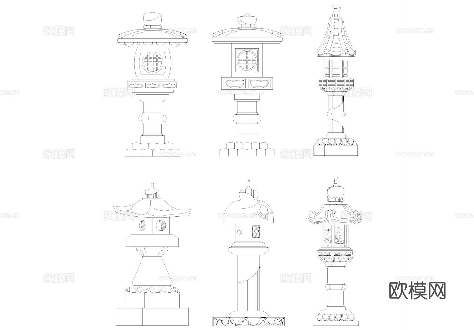 中式庭院灯石灯笼石钟CAD立面图块cad施工图