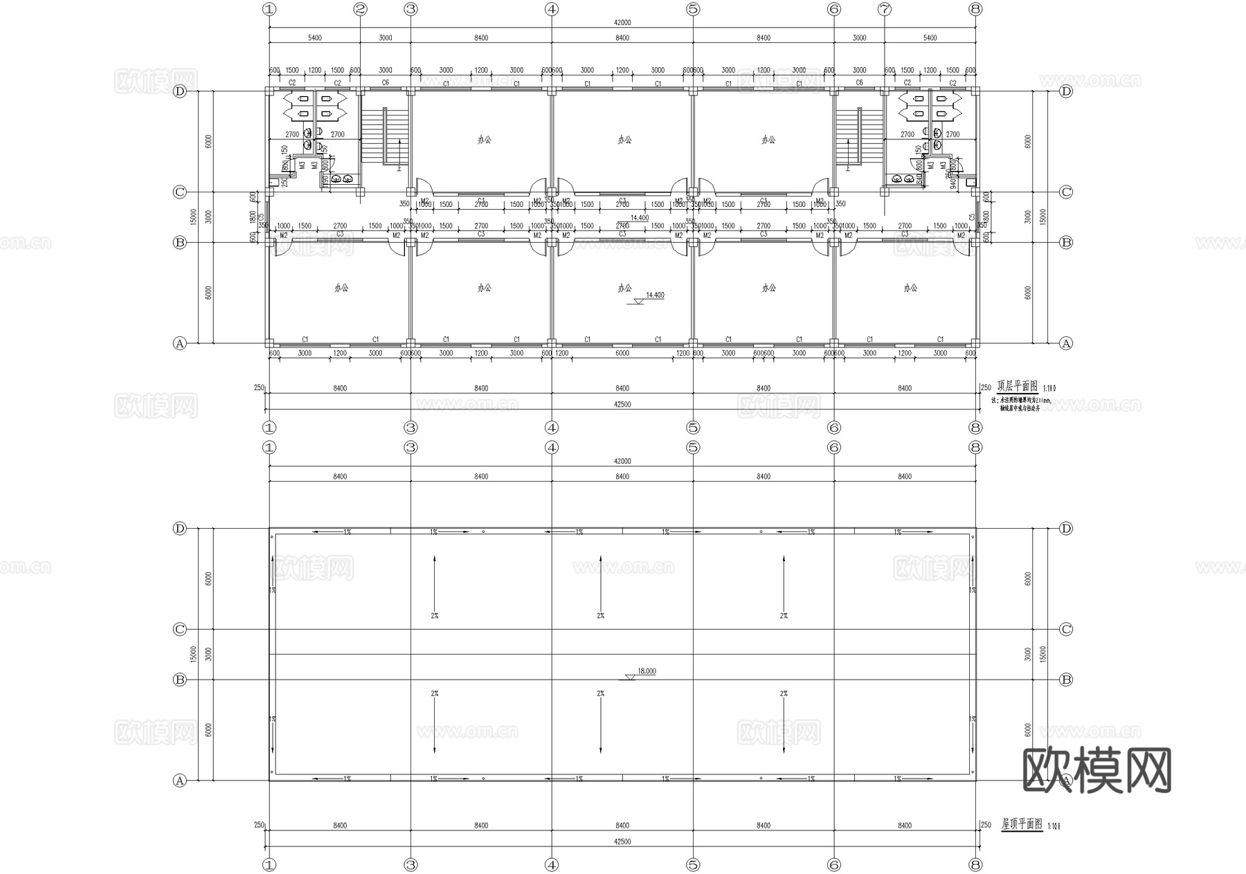 五层商务写字楼办公楼建筑cad施工图