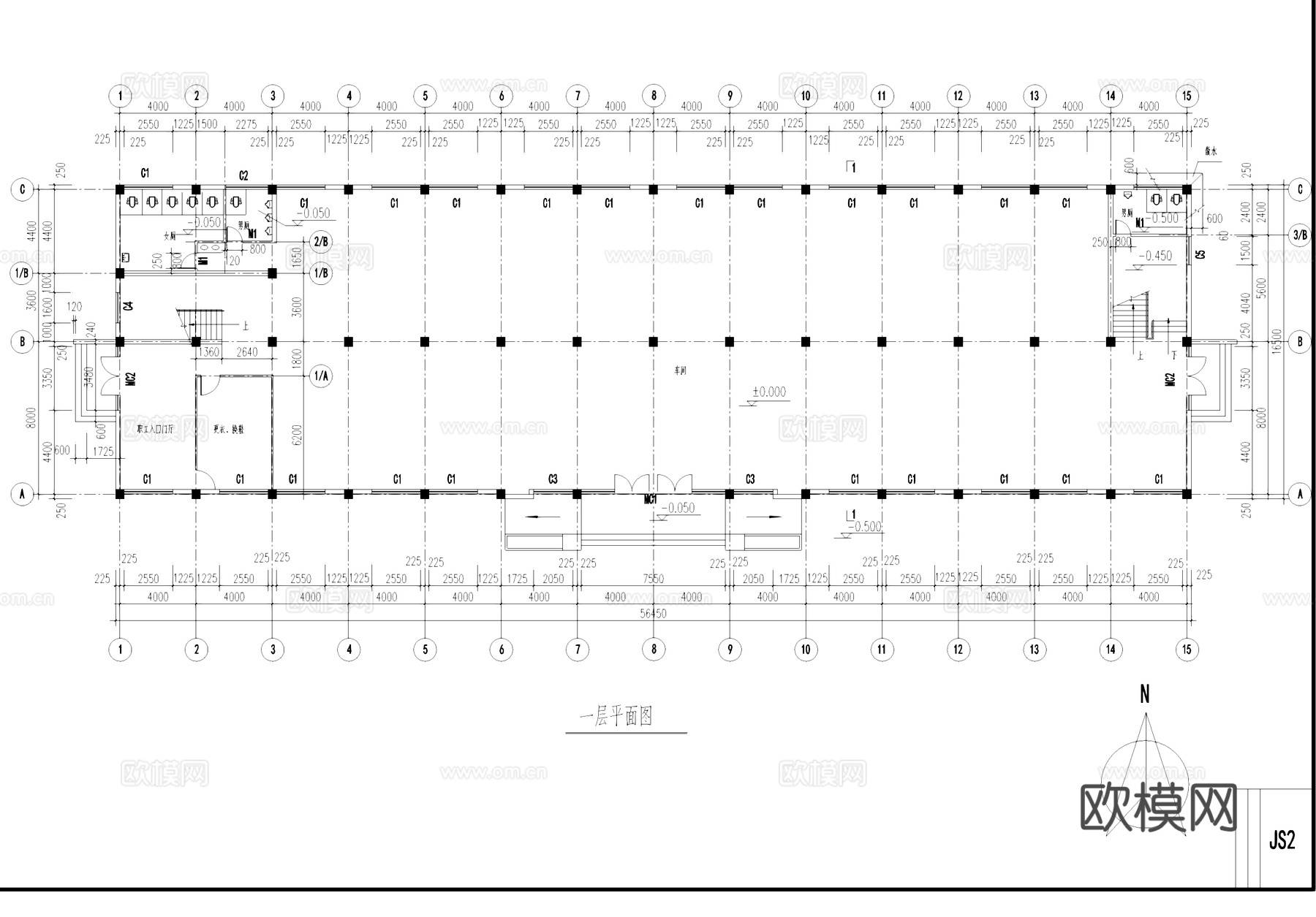 二级耐火七度抗震车间厂房工业建筑CAD施工图cad施工图