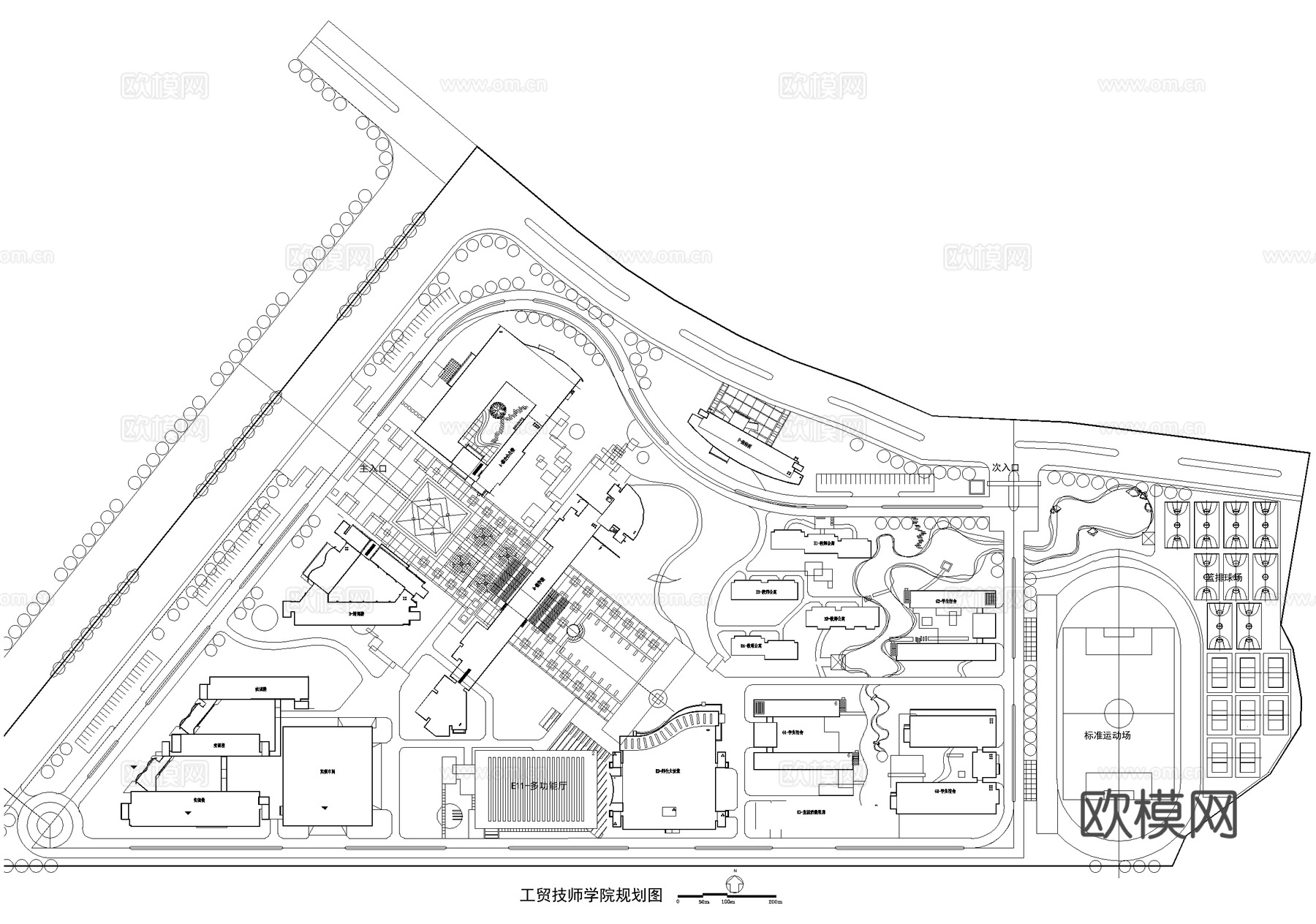 校园景观 大学技工学院学校 校区规划总平面图cad施工图