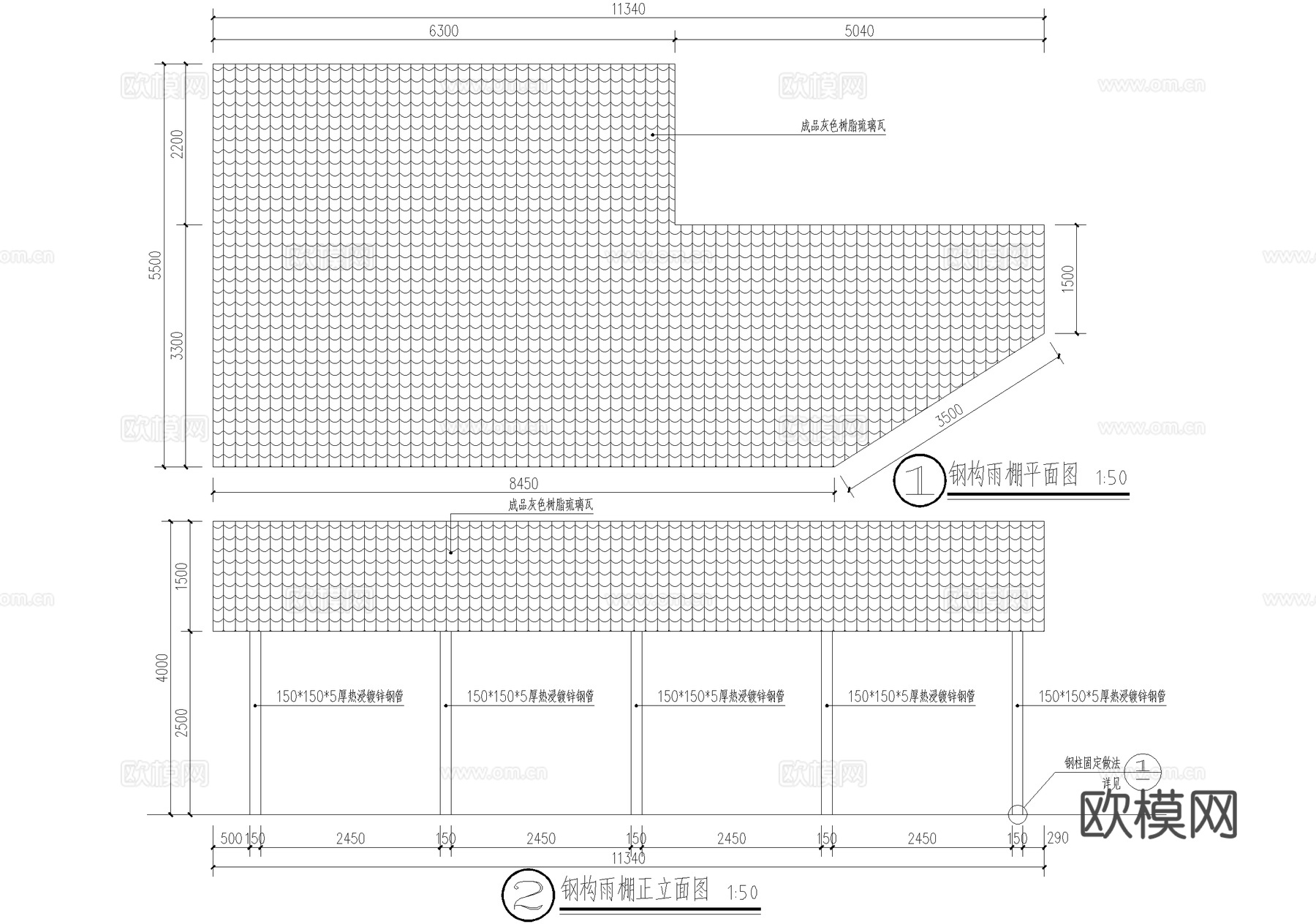 钢结构雨棚 遮阳棚cad施工图