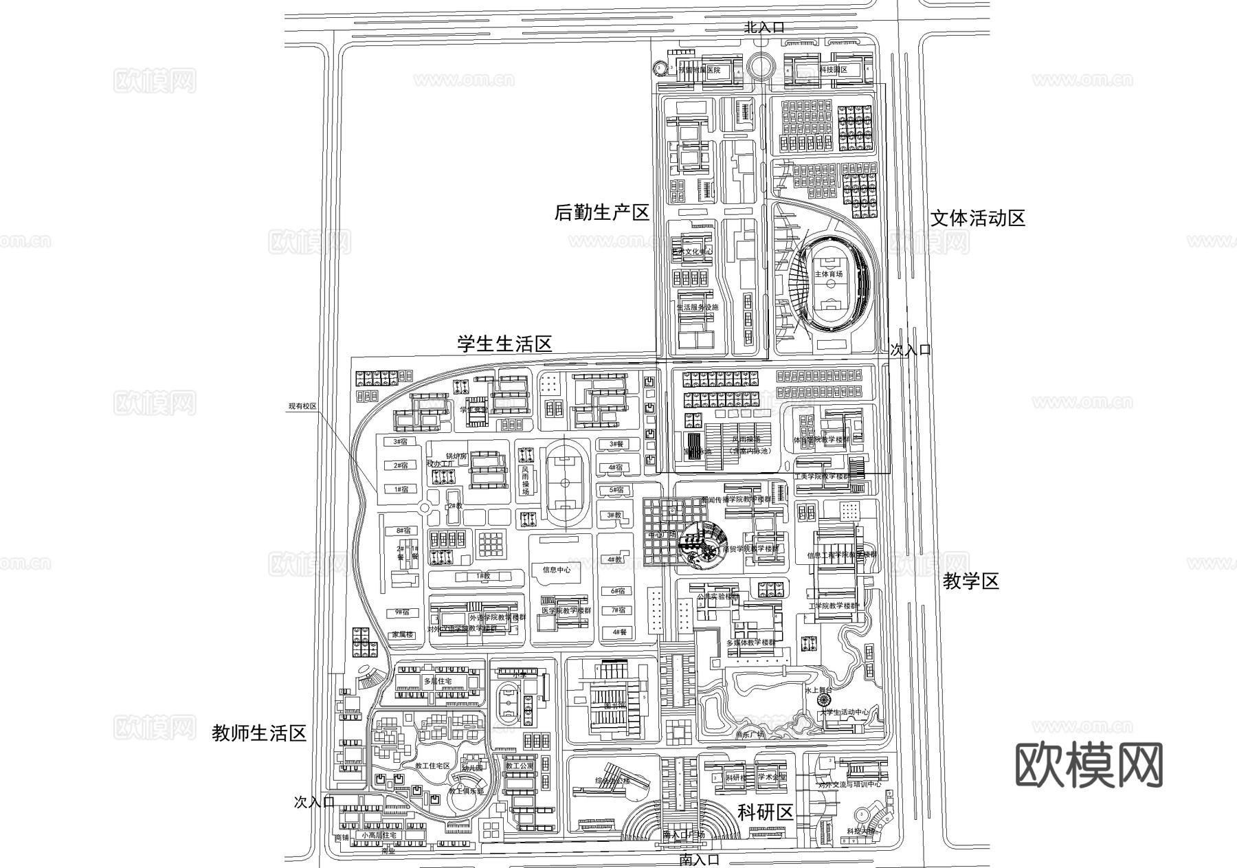 校园景观 大学学院学校校区 规划总平面图cad施工图