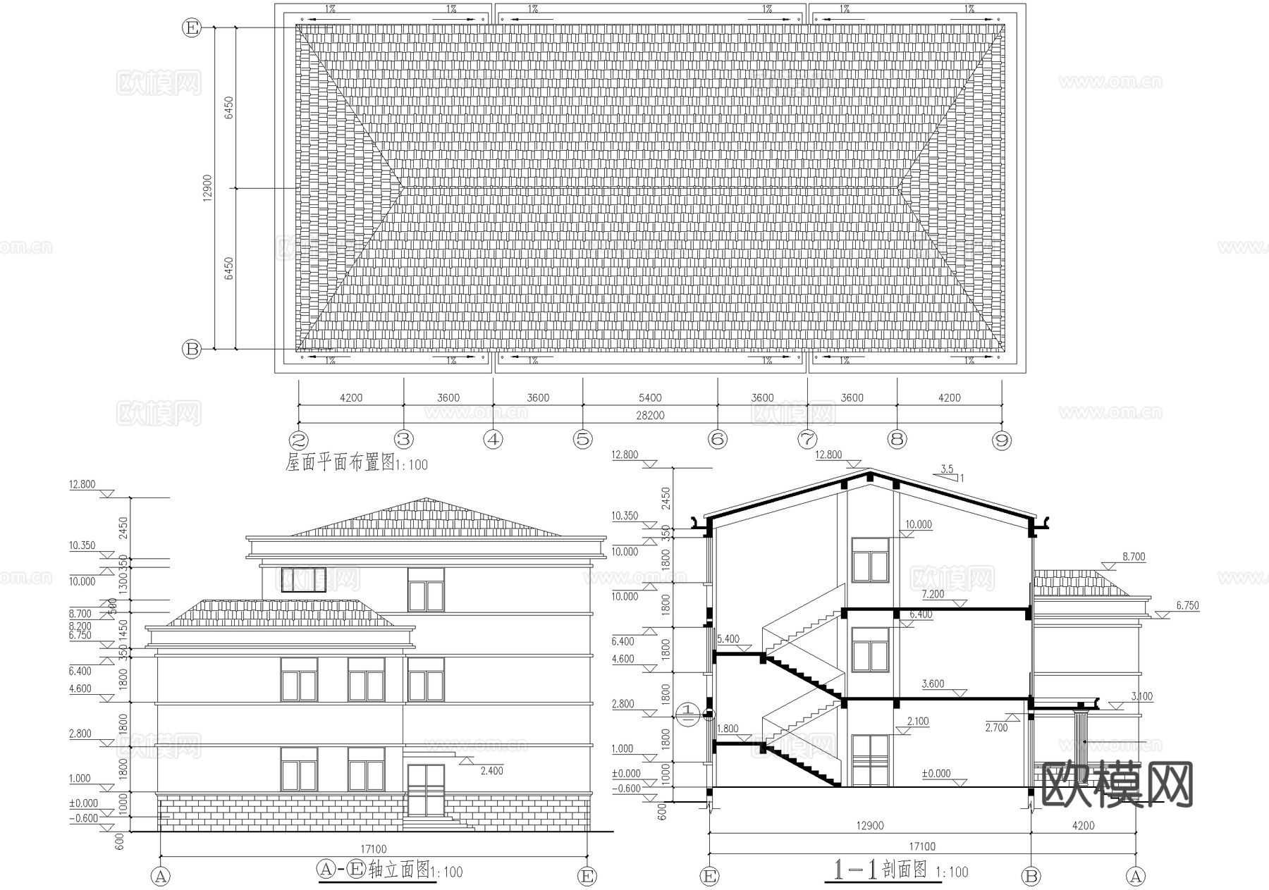 三层欧式办公楼建筑平面图cad施工图