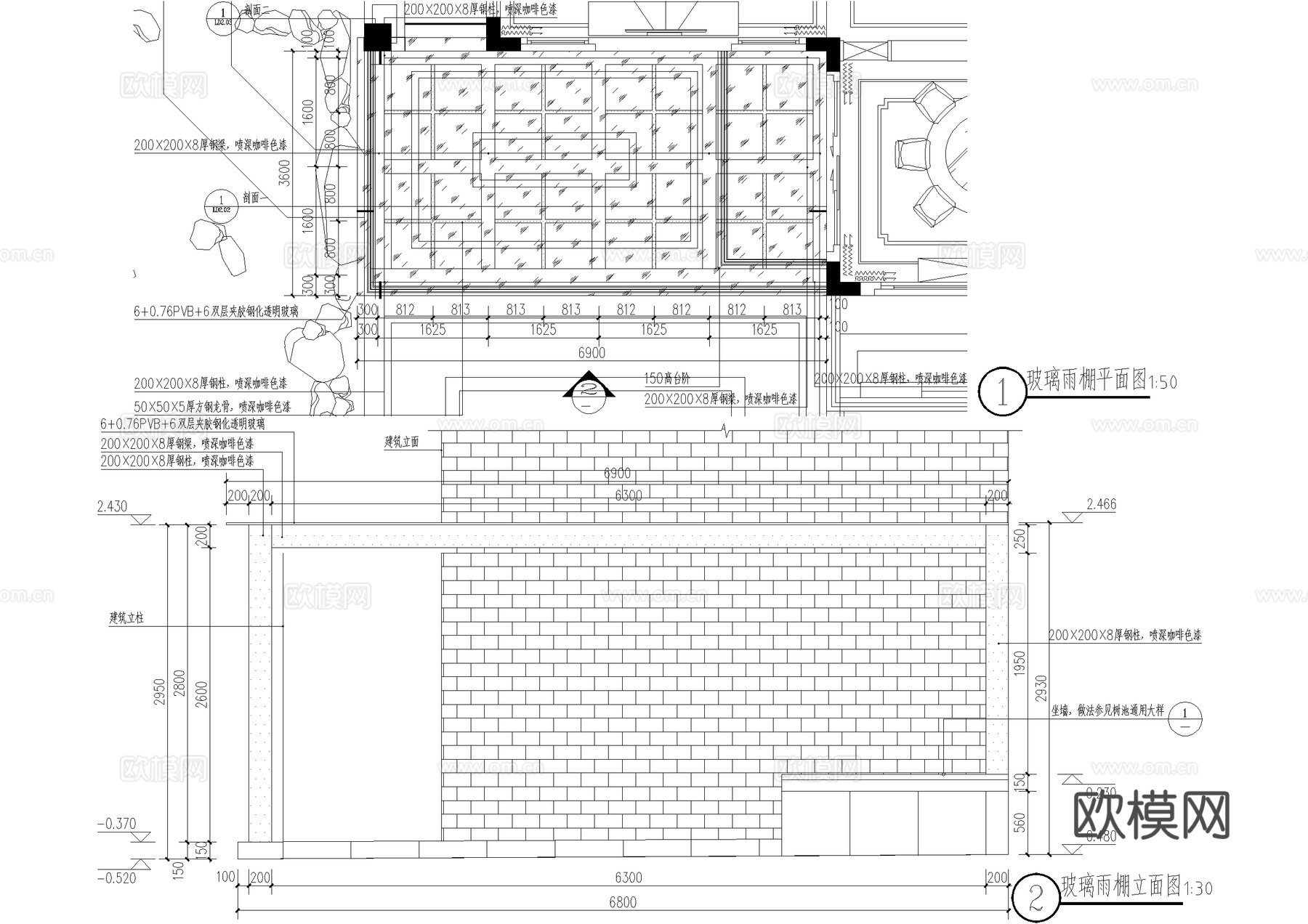 玻璃雨棚 钢结构雨棚 遮阳棚cad施工图