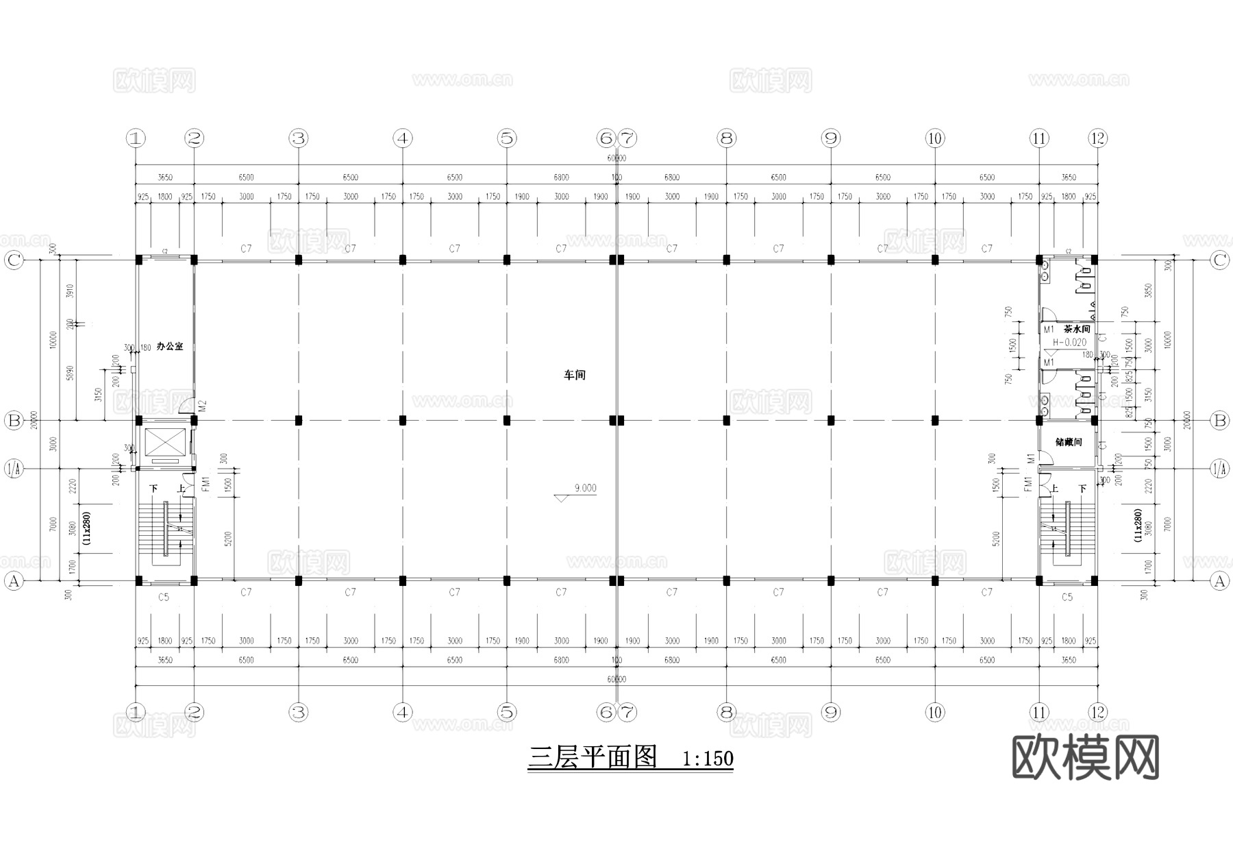 三层车间厂房工业建筑CAD施工图cad施工图