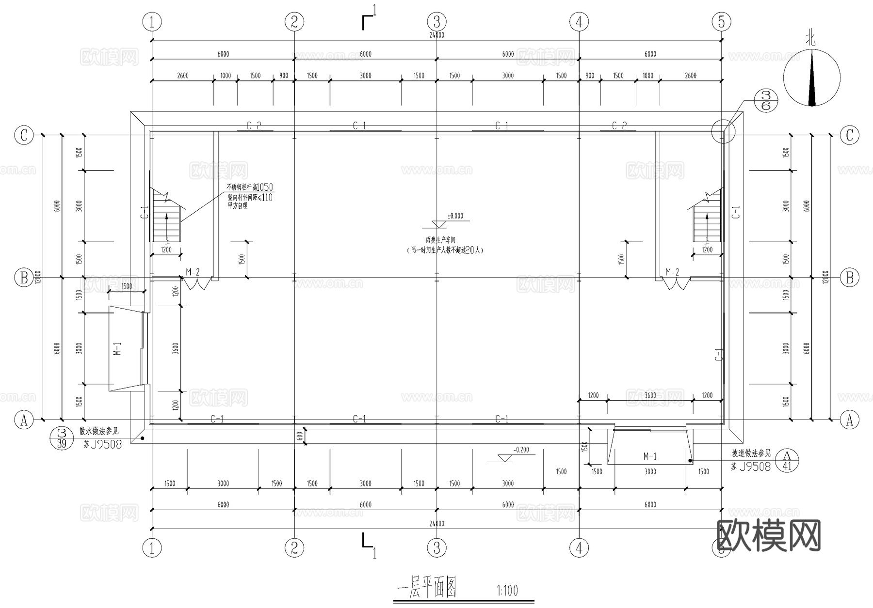 钢结构厂房二层丙类生产车间工业建筑cad施工图