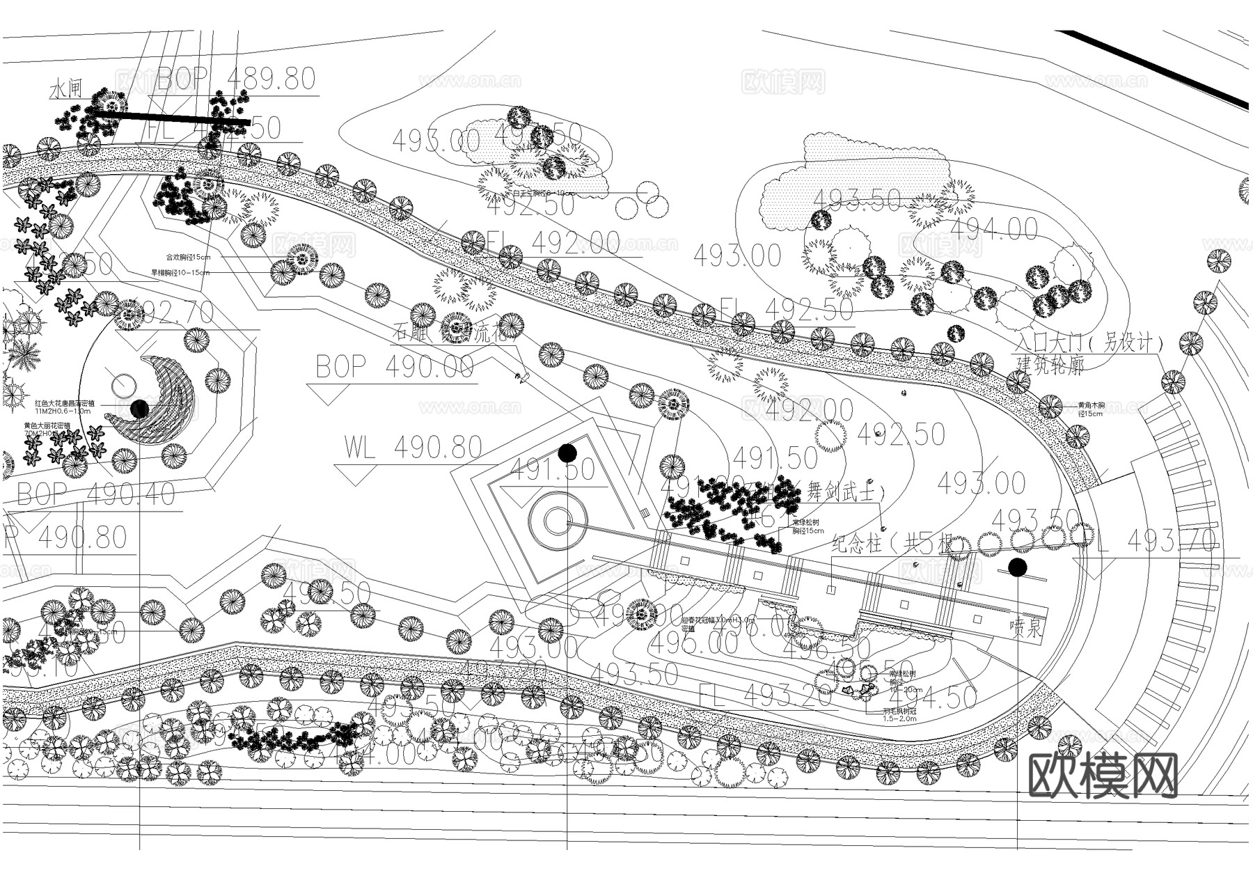 滨水公园 规划景观总平面图 植物种植绿化配置 河道码头广场cad施工图