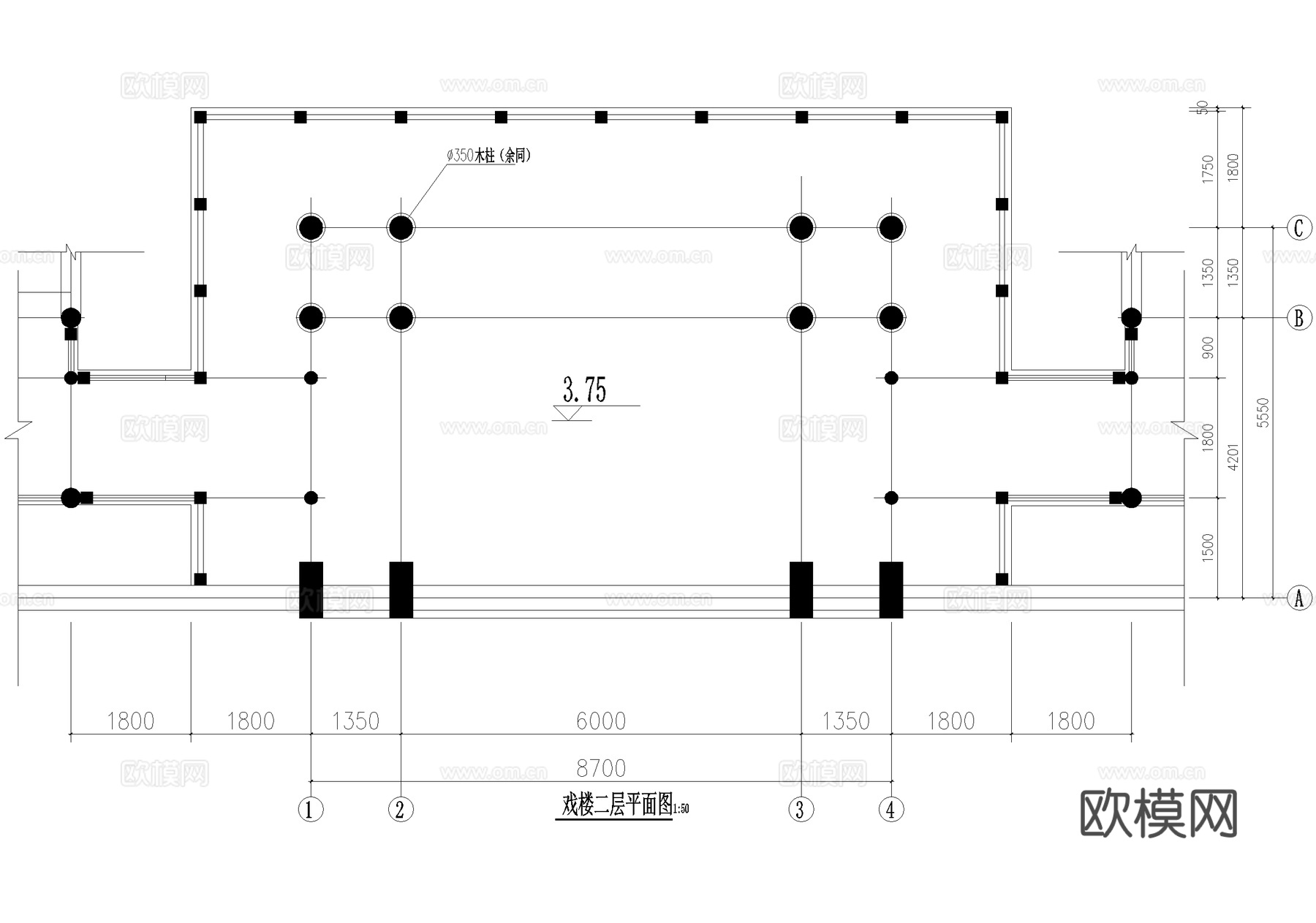 寺庙 万寿宫戏楼 明清仿古建筑 二层钢混木结构cad施工图