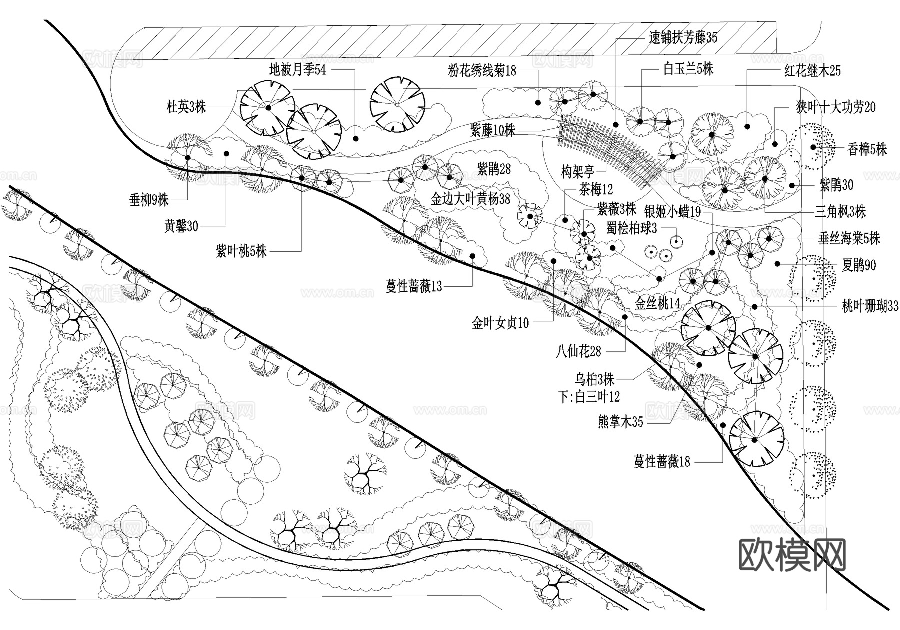 滨水公园河道景观平面图 植物种植绿化配置 小游园绿地cad施工图