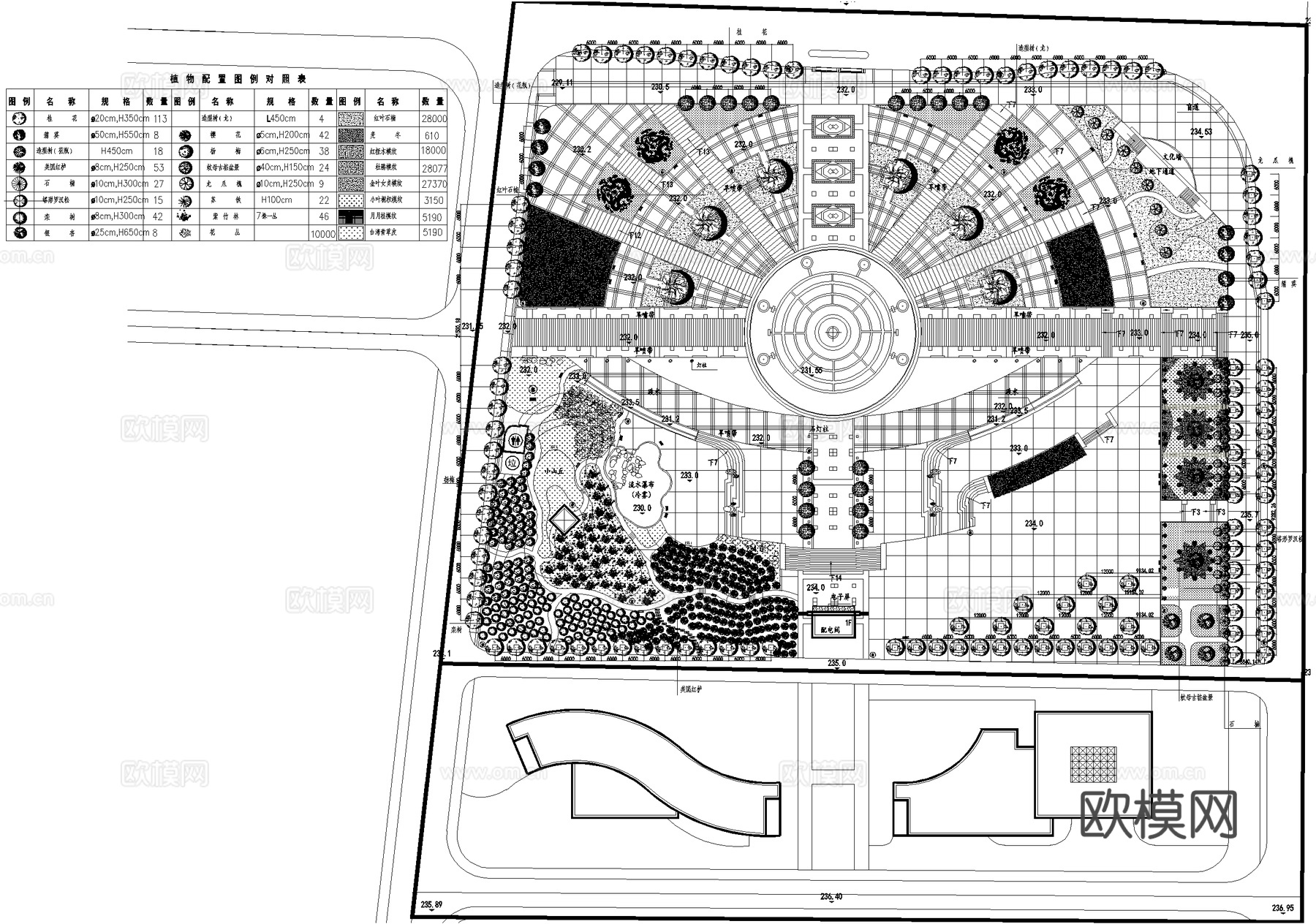 广场景观规划总平面图 植物种植绿化配置 植物图例对照表cad施工图