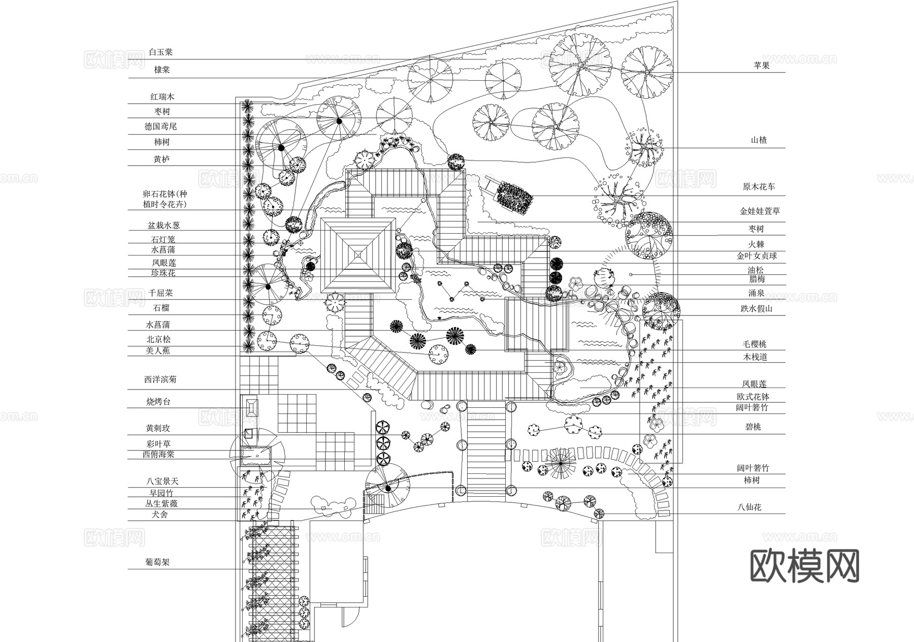 别墅庭院景观平面图 植物种植绿化配置cad施工图