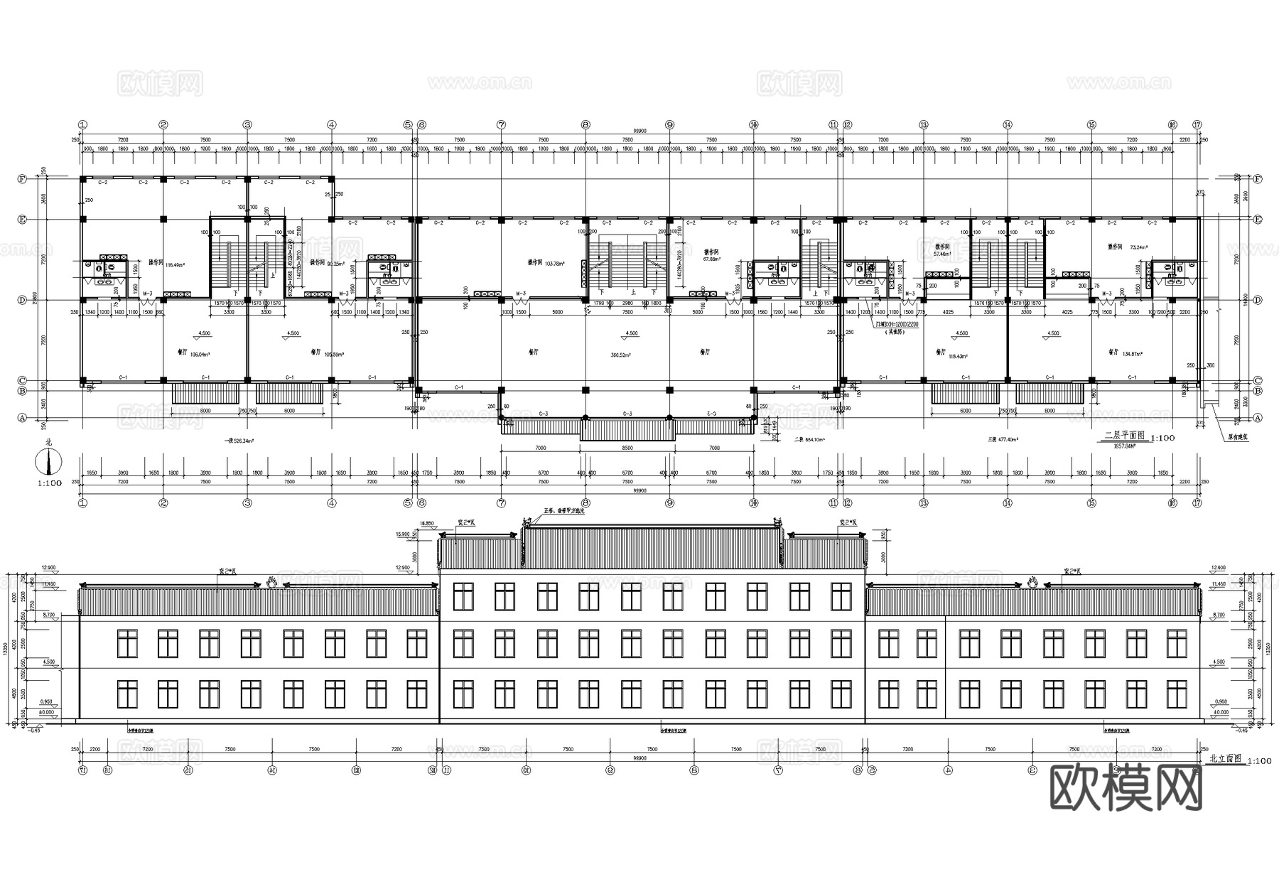 仿古建筑 三层餐厅饭店 餐饮建筑框架结构cad施工图