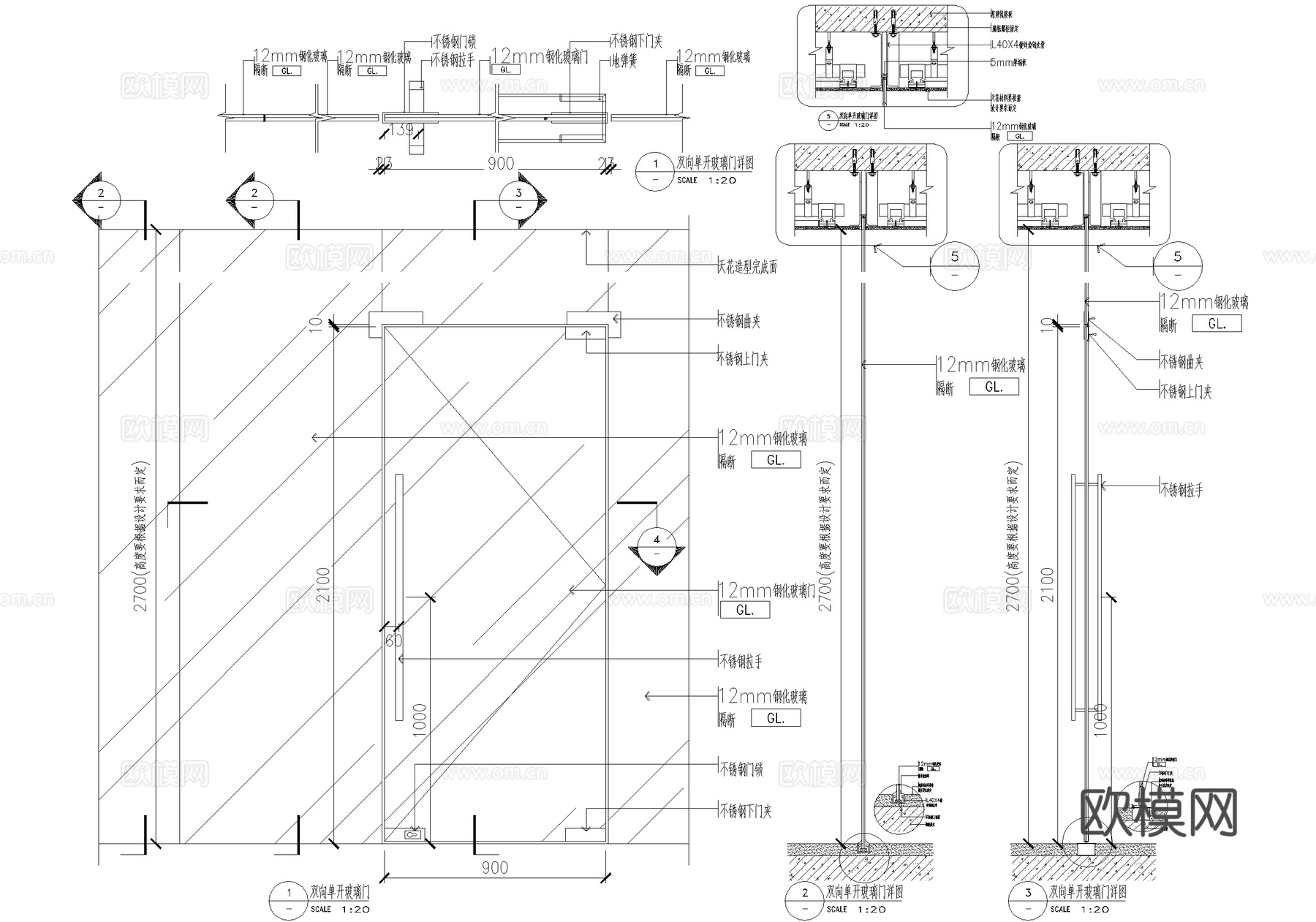 钢化玻璃门 双向单开门cad施工图