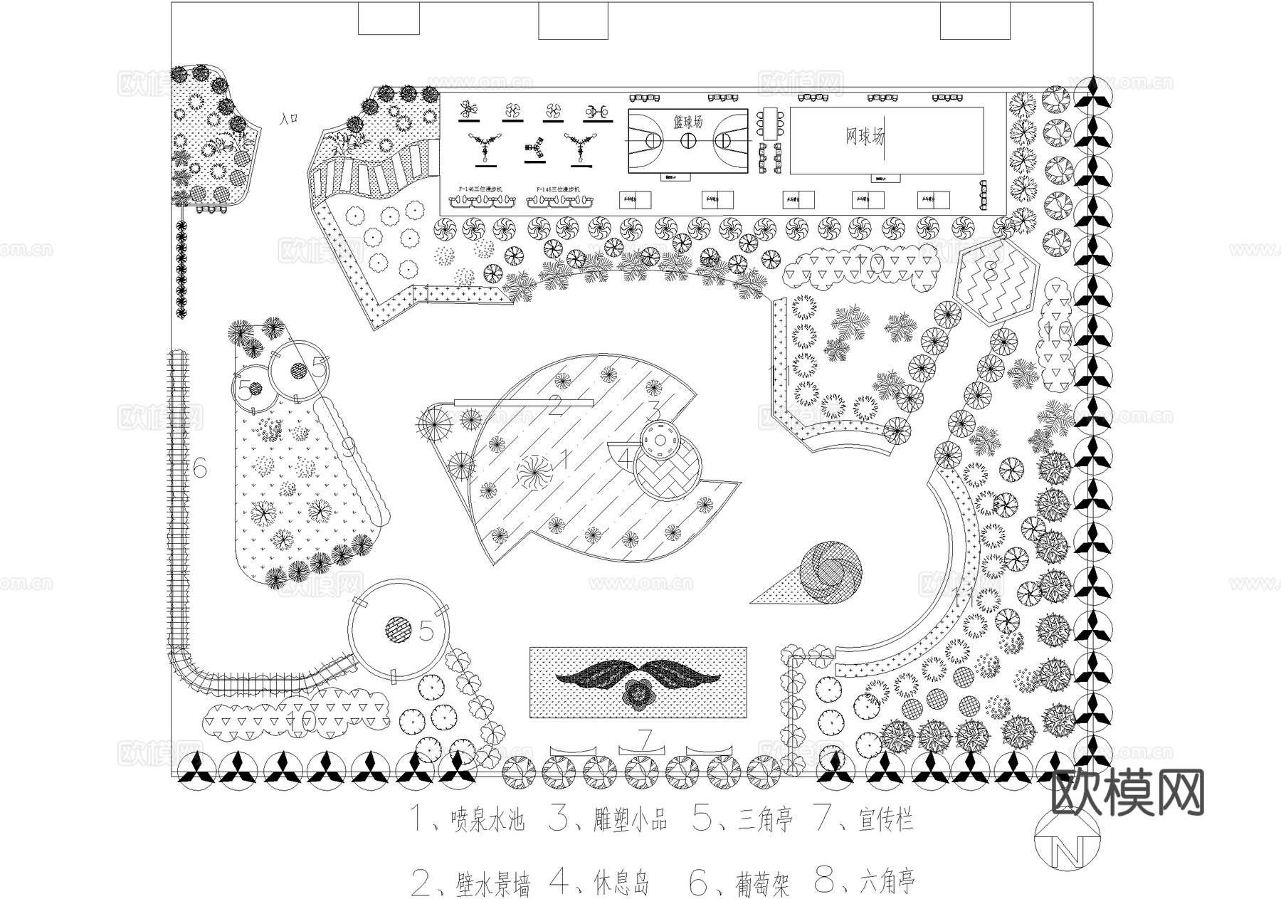 花园庭院植物绿化平面图 小公园公共绿地 小游园运动健身场cad施工图