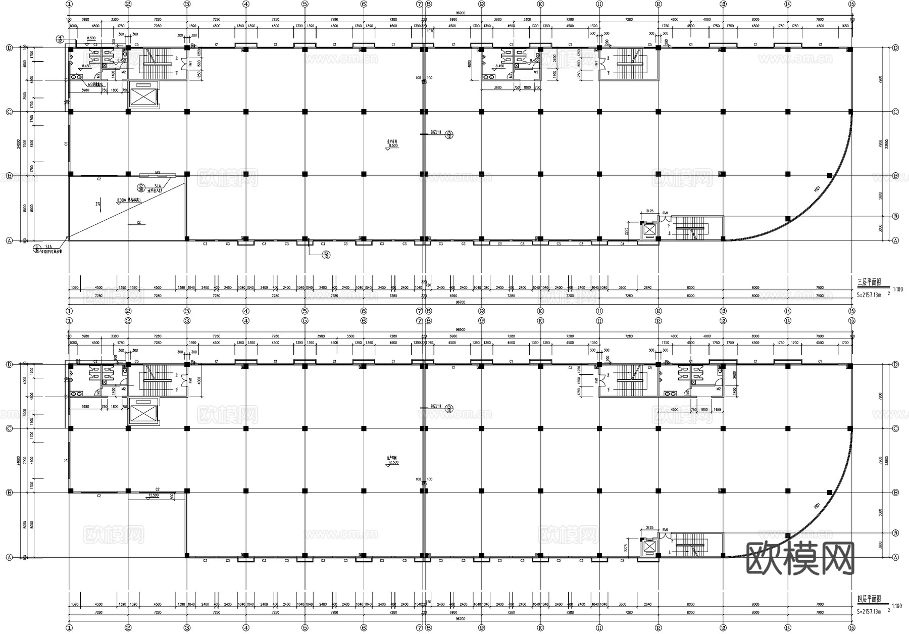 五层厂房生产车间工业建筑CAD施工图cad施工图