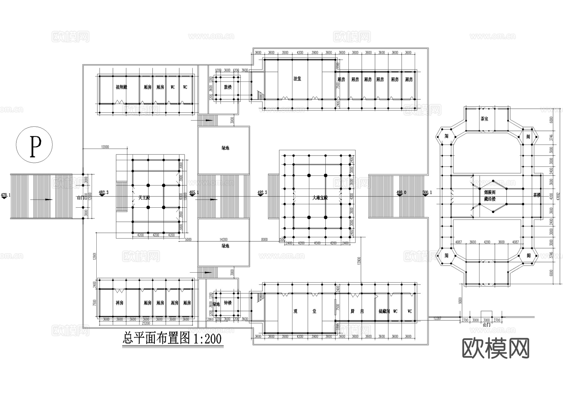 寺庙 山地仿古建筑 总平面规划图 侧立面图cad施工图
