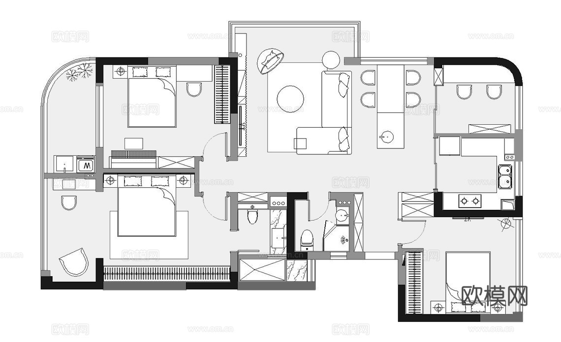 四室一厅样板间大平层 最新全套施工图设计cad施工图