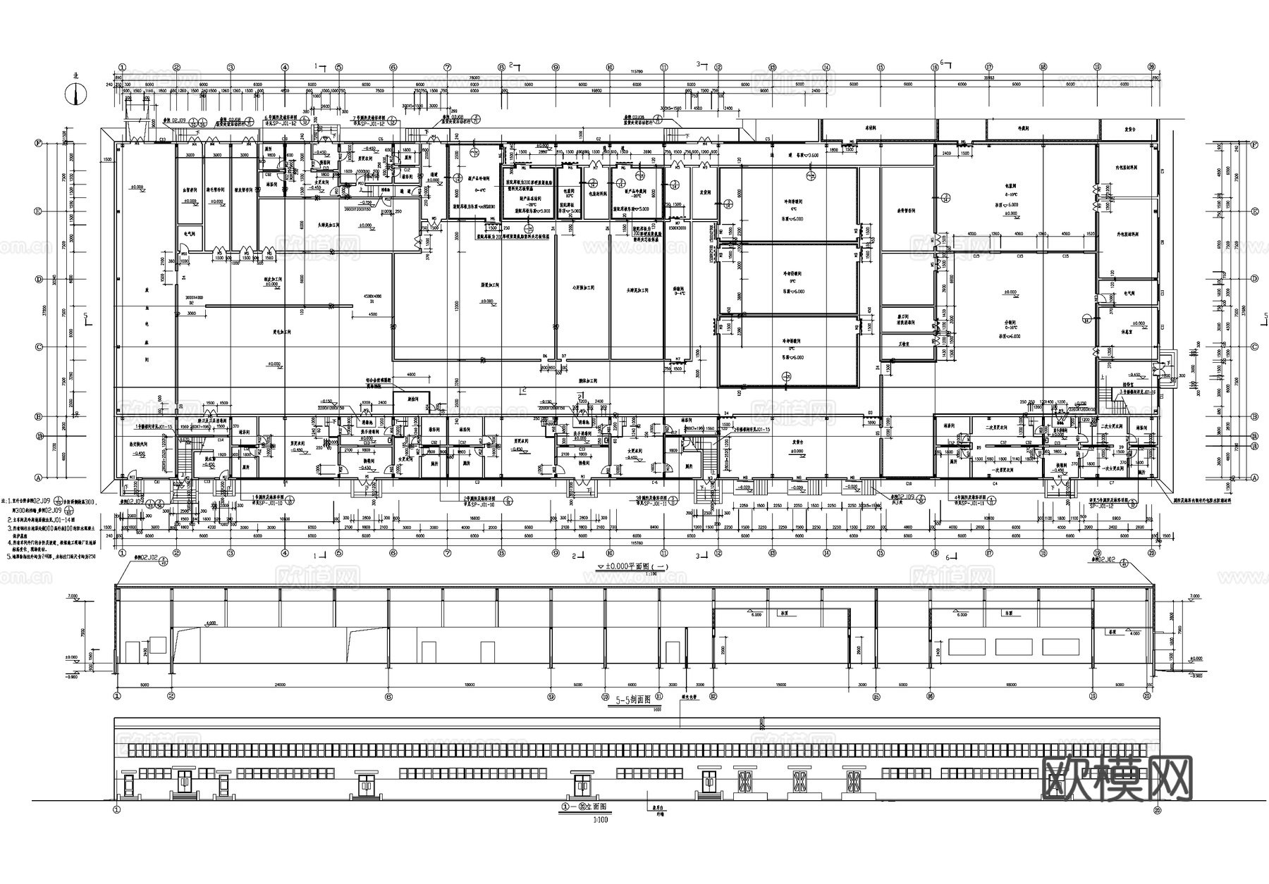 钢结构厂房 二层联合车间冷库肉类食品工业建筑cad施工图