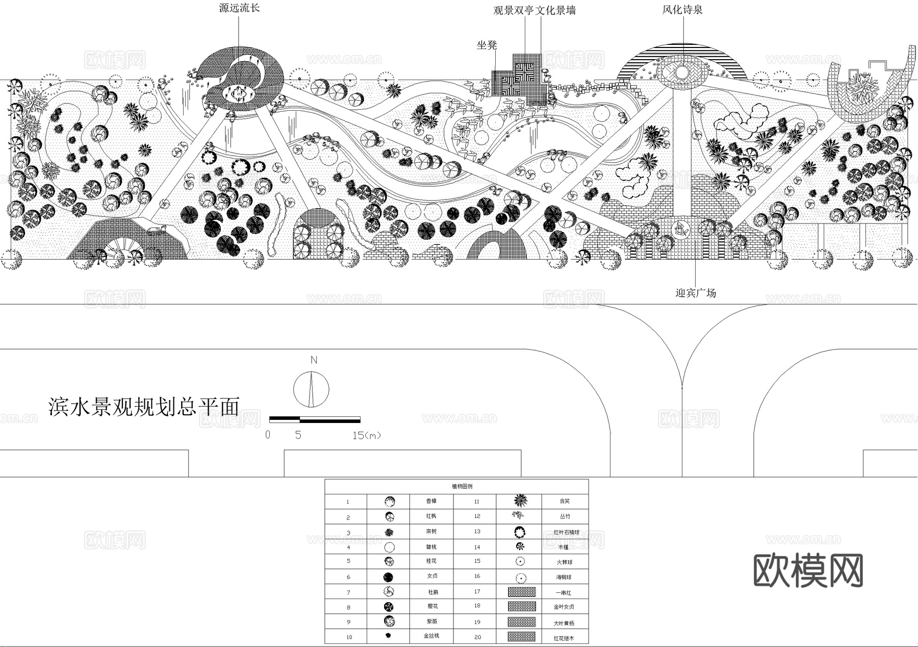 滨水公园河道景观平面图 植物种植配置绿化 小游园cad施工图