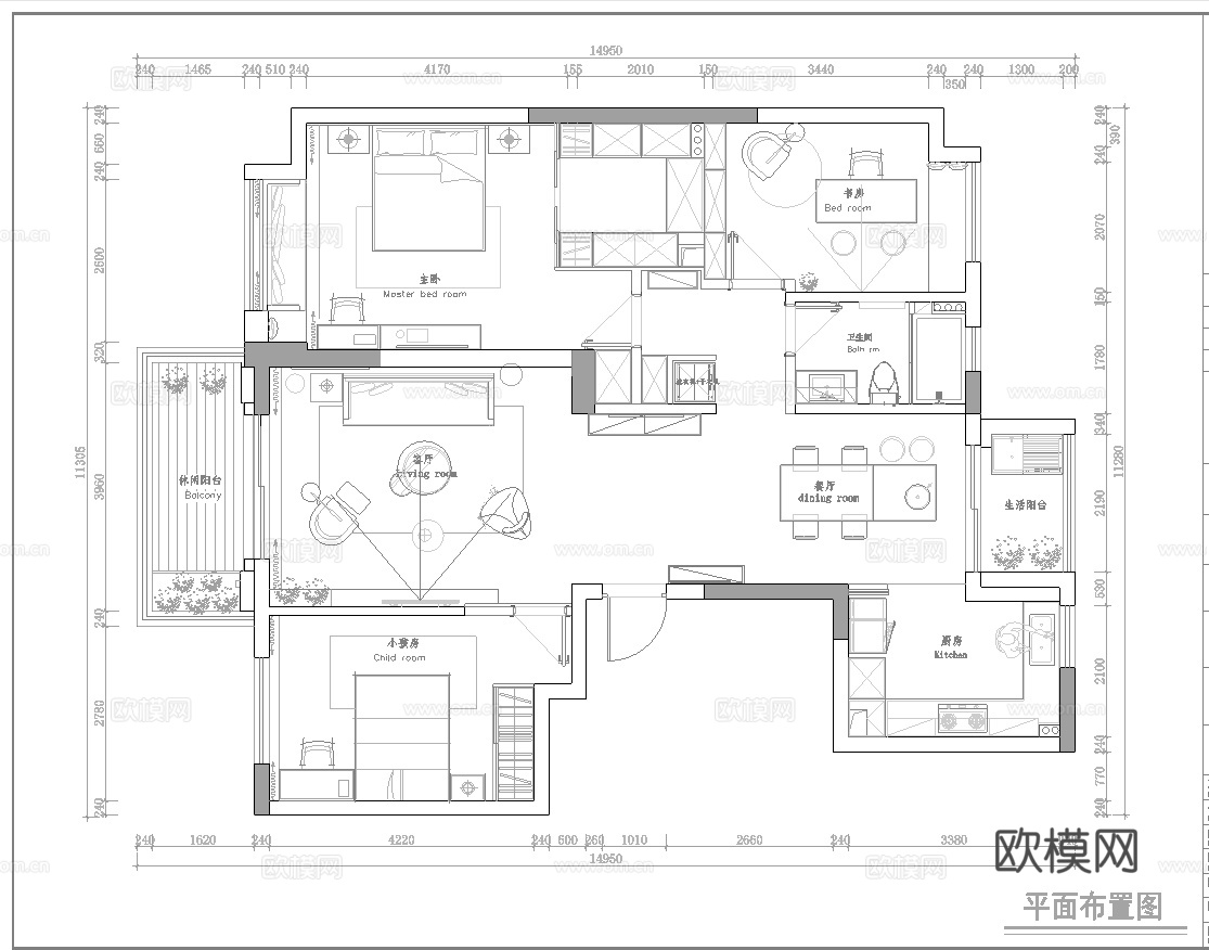三室一厅样板间大平层 最新全套施工图设计cad施工图