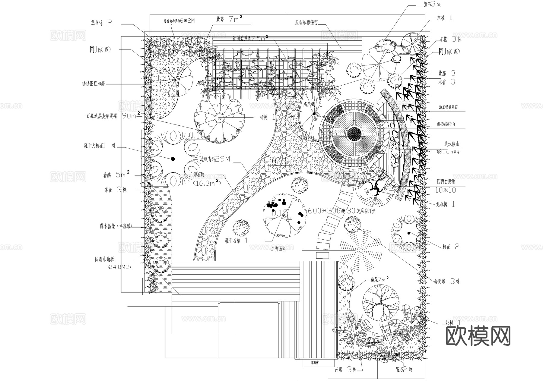 别墅前院庭院 植物绿化平面图cad施工图