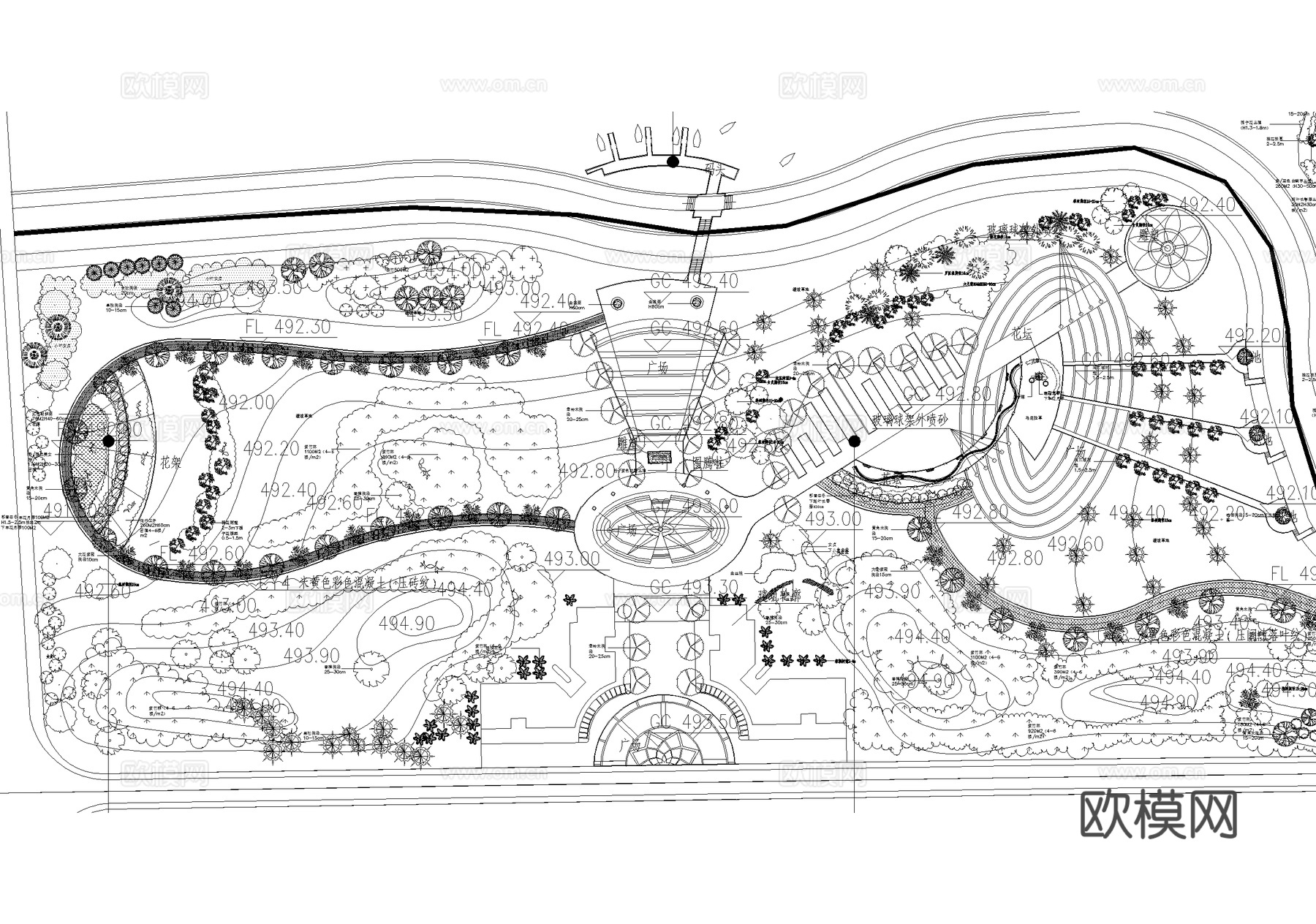 滨水公园 规划景观总平面图 植物种植绿化配置 河道码头广场cad施工图