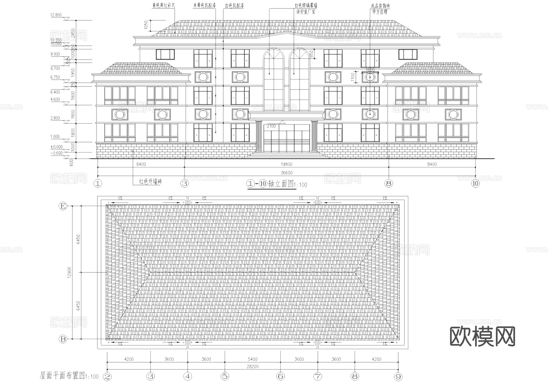欧式坡屋顶办公楼建筑CAD施工图cad施工图