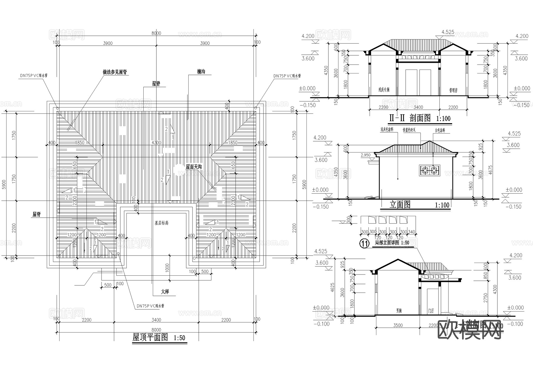 单层公共厕所建筑 卫生间洗手间 管理房cad施工图