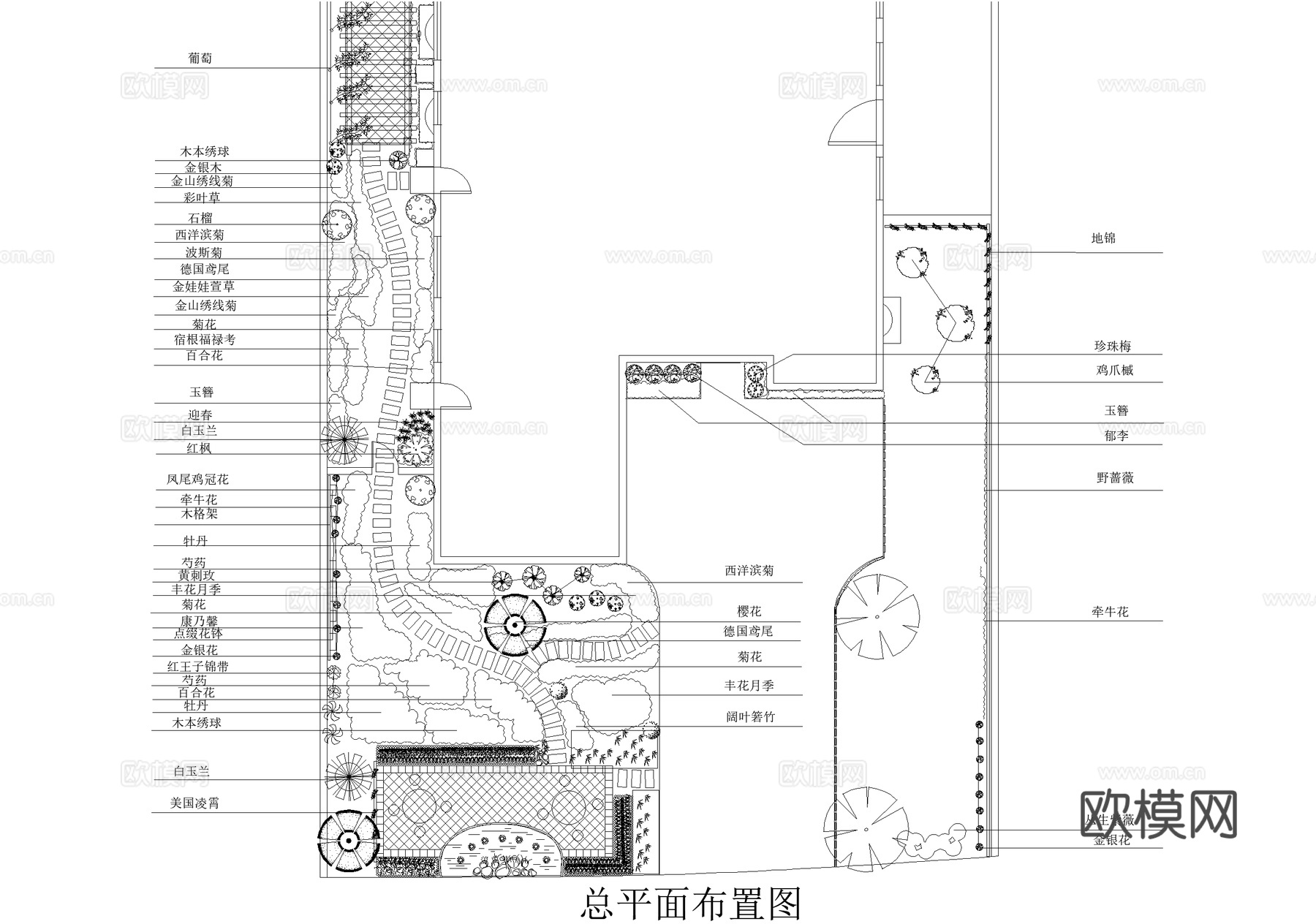 别墅庭院景观平面图 植物种植绿化配置cad施工图