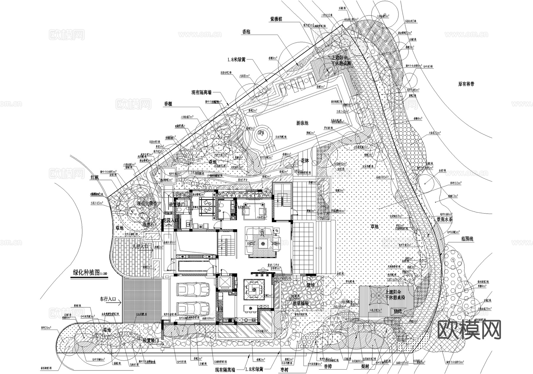 别墅庭院景观平面图 植物种植绿化配置cad施工图