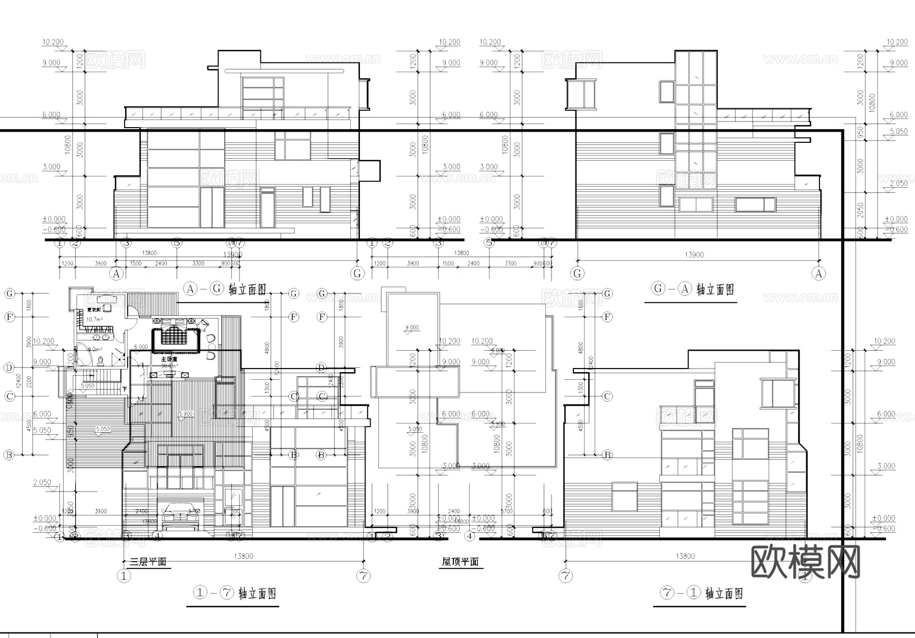 玫瑰苑别墅建筑平立面CAD施工图cad施工图