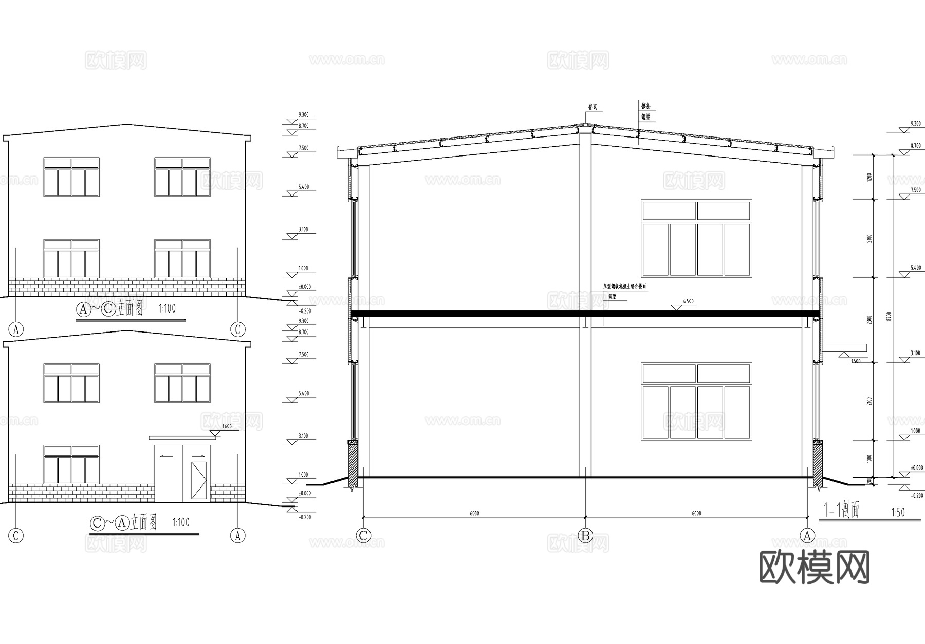 钢结构厂房二层丙类生产车间工业建筑cad施工图