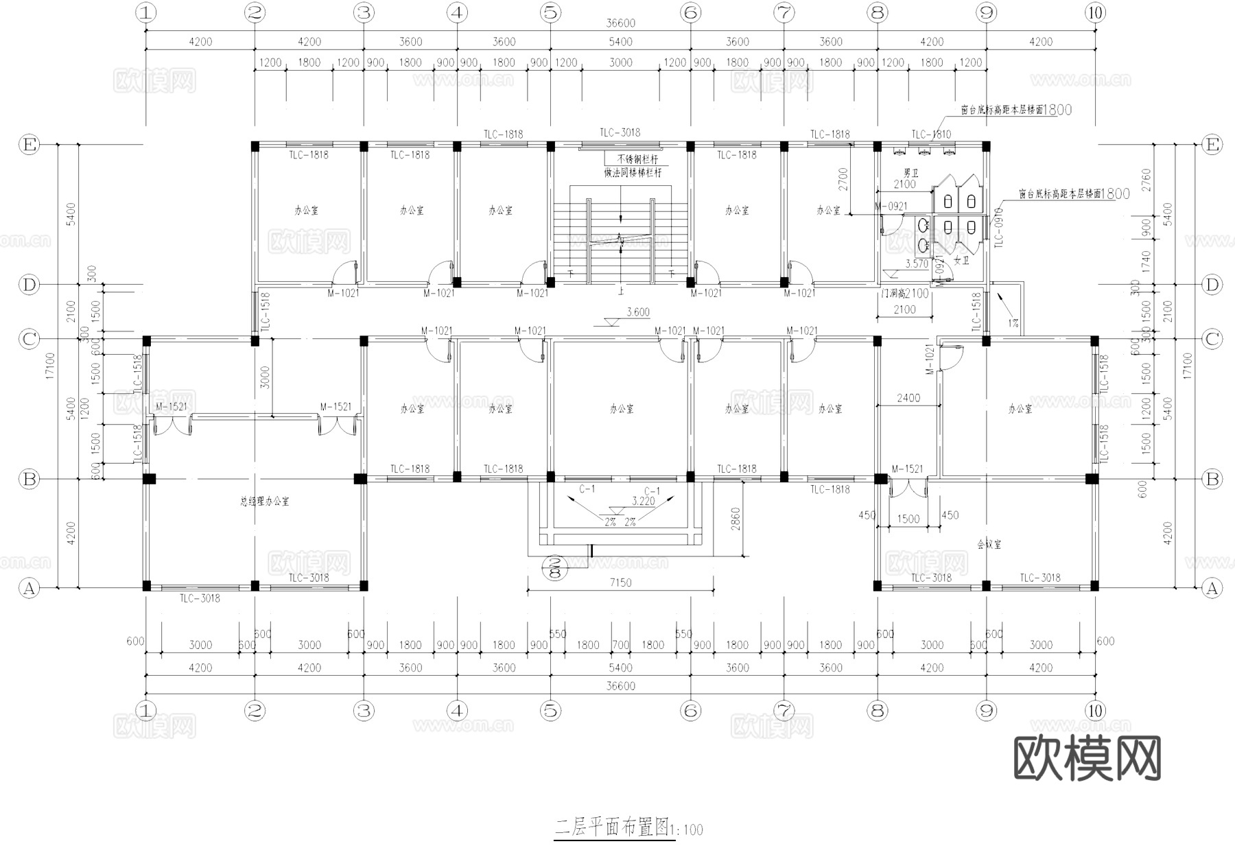 欧式坡屋顶办公楼建筑CAD施工图cad施工图