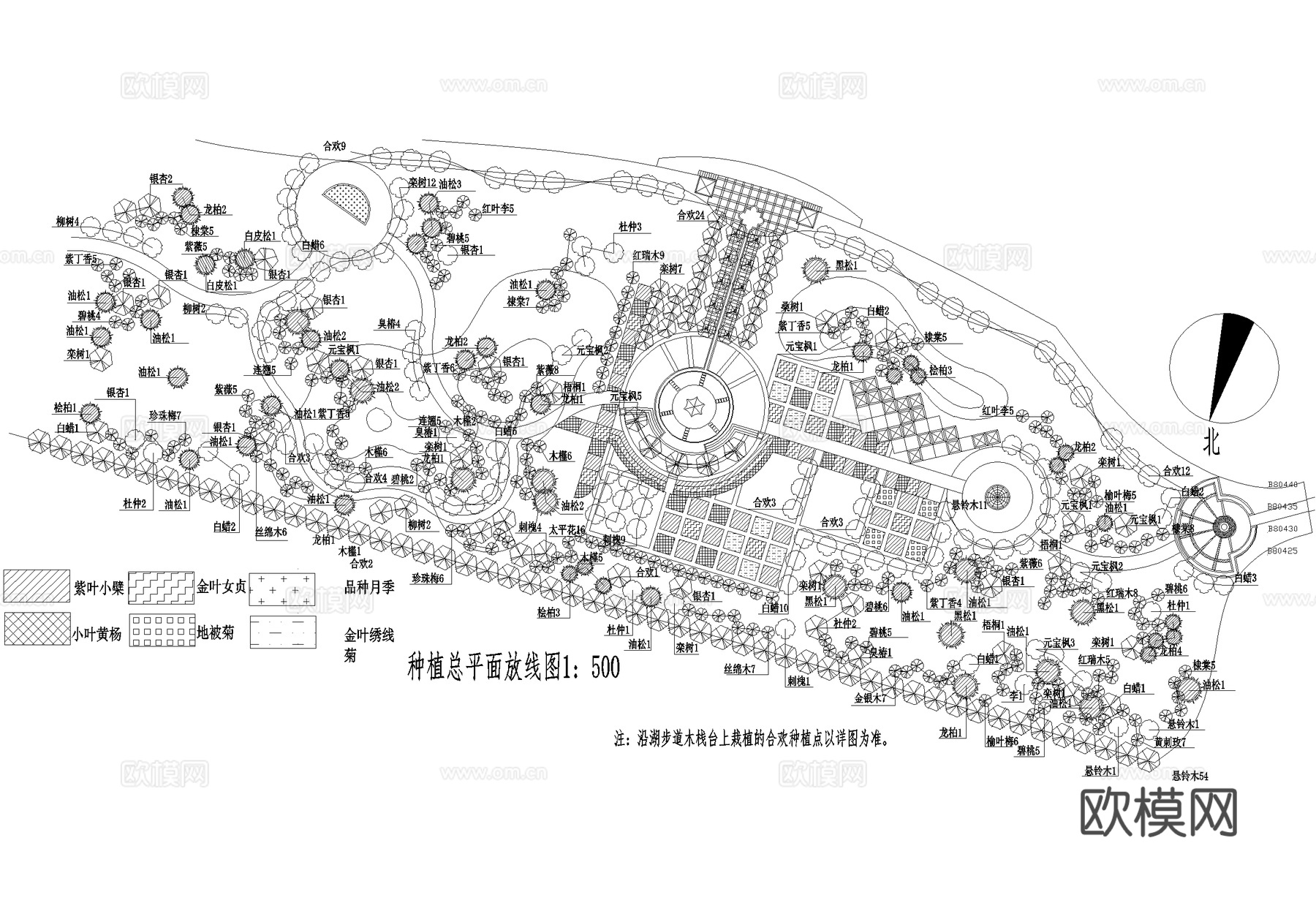 滨水公园沿湖步道河道景观植物种植配置绿化平面图 公园林荫绿带cad施工图