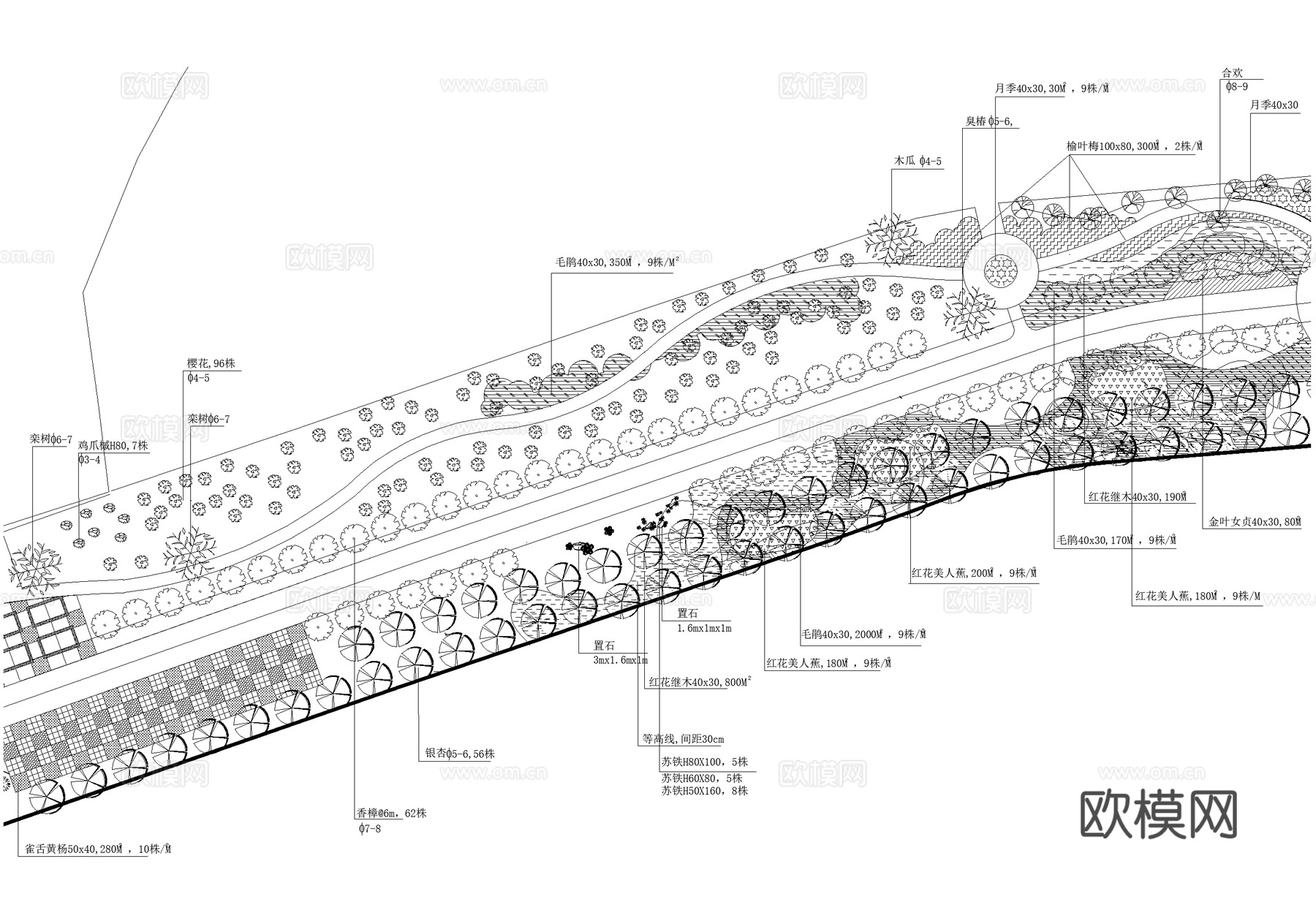 滨水公园规划景观总平面图 植物种植绿化配置 沿江曲线绿道广场cad施工图