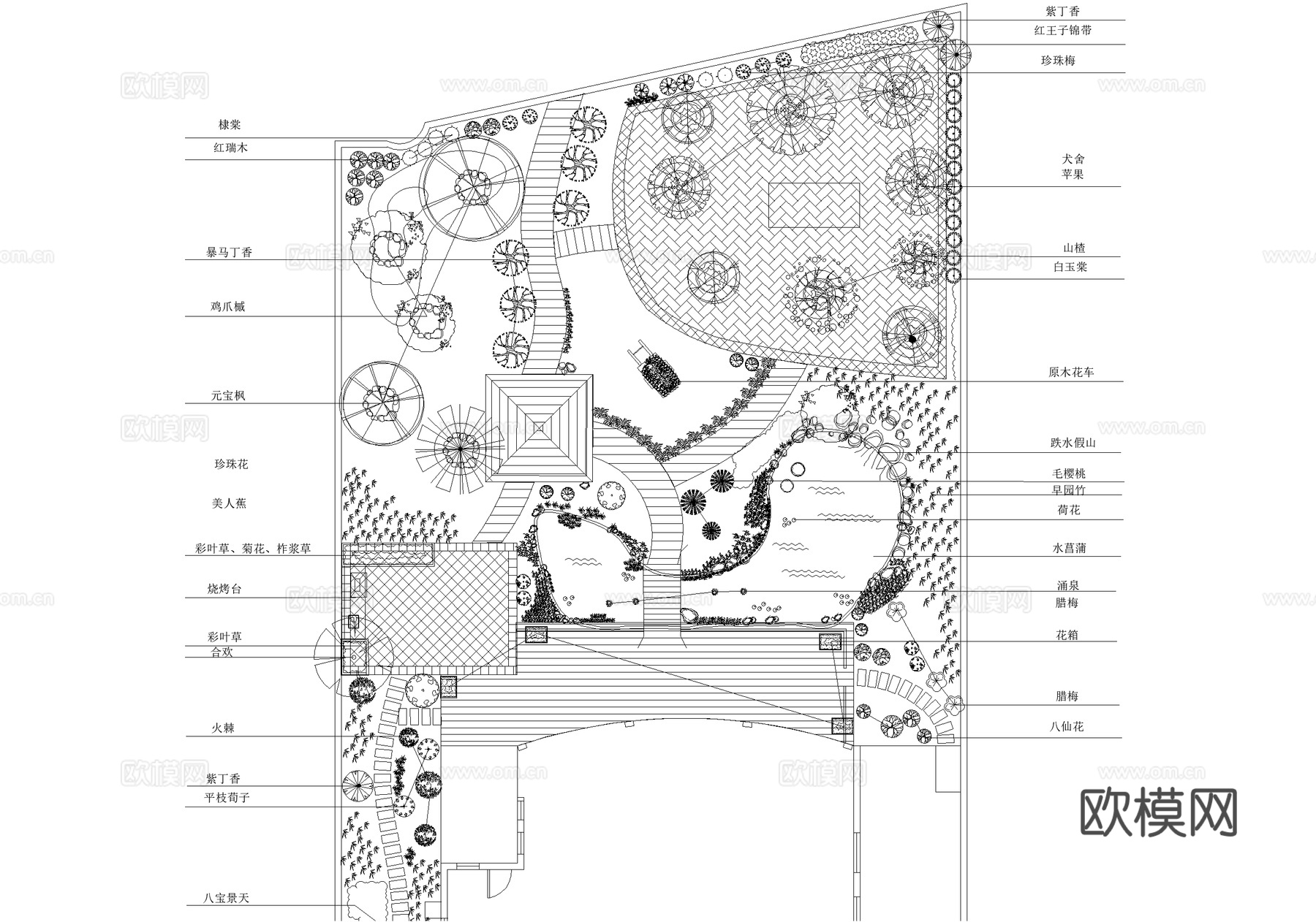 别墅庭院景观平面图 植物种植绿化配置cad施工图