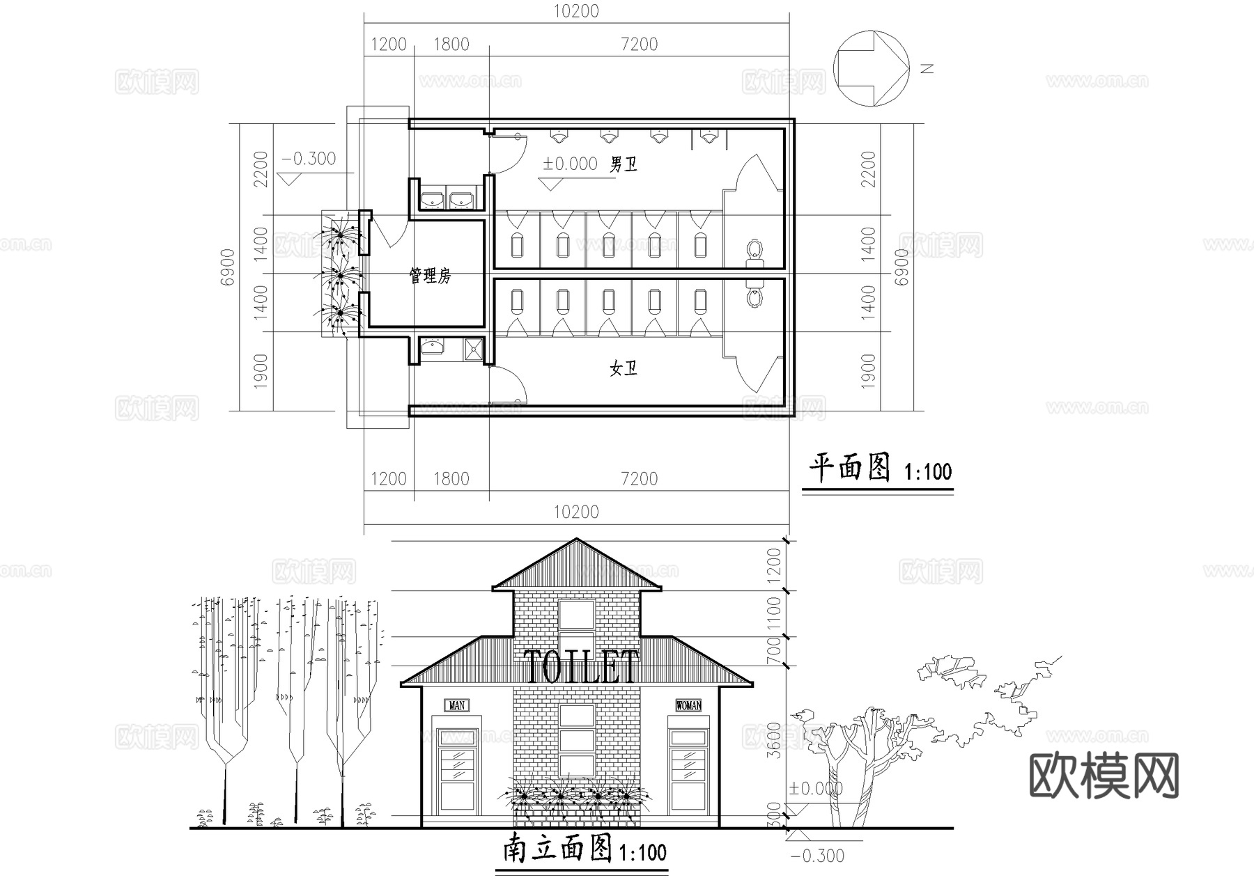 单层公共厕所建筑 卫生间洗手间 管理房cad施工图