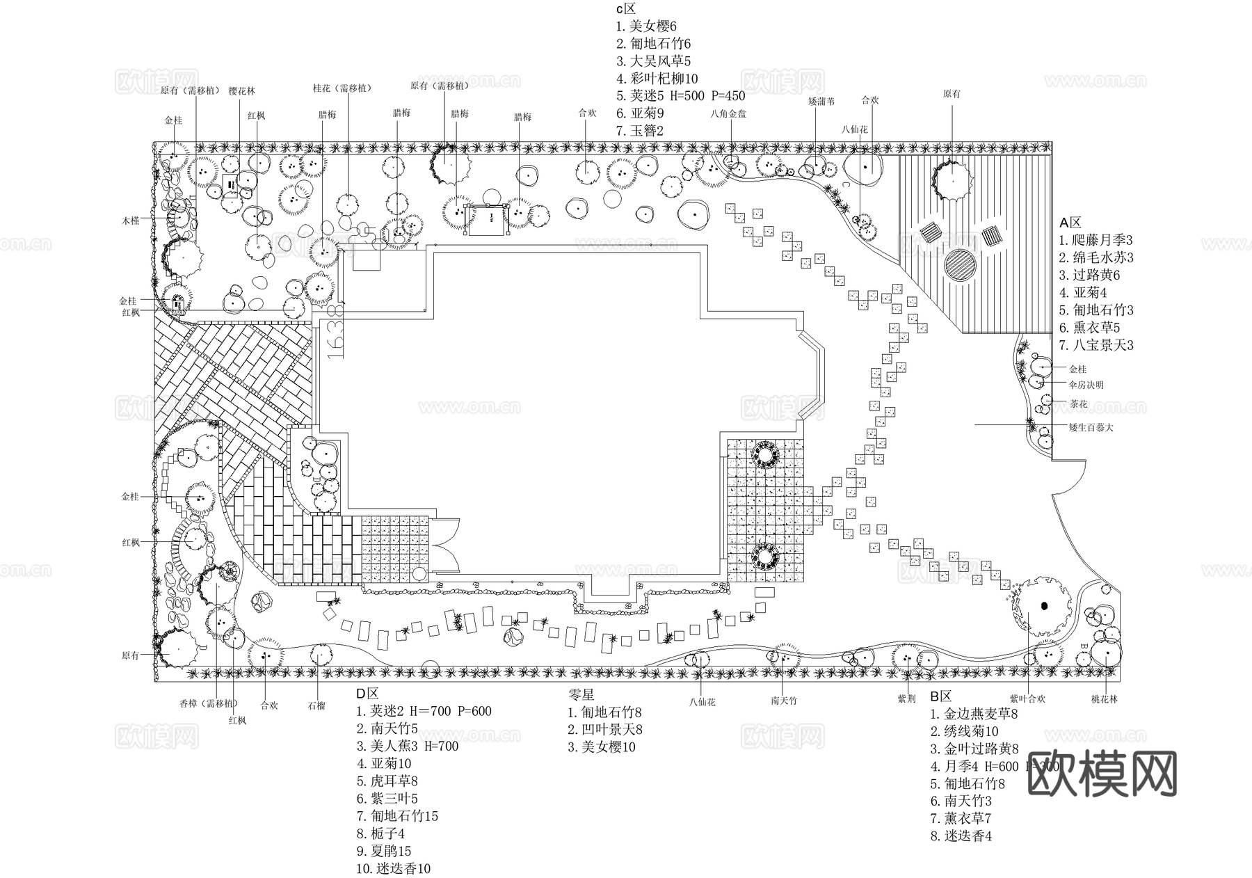 别墅庭院景观平面图 植物种植绿化配置cad施工图