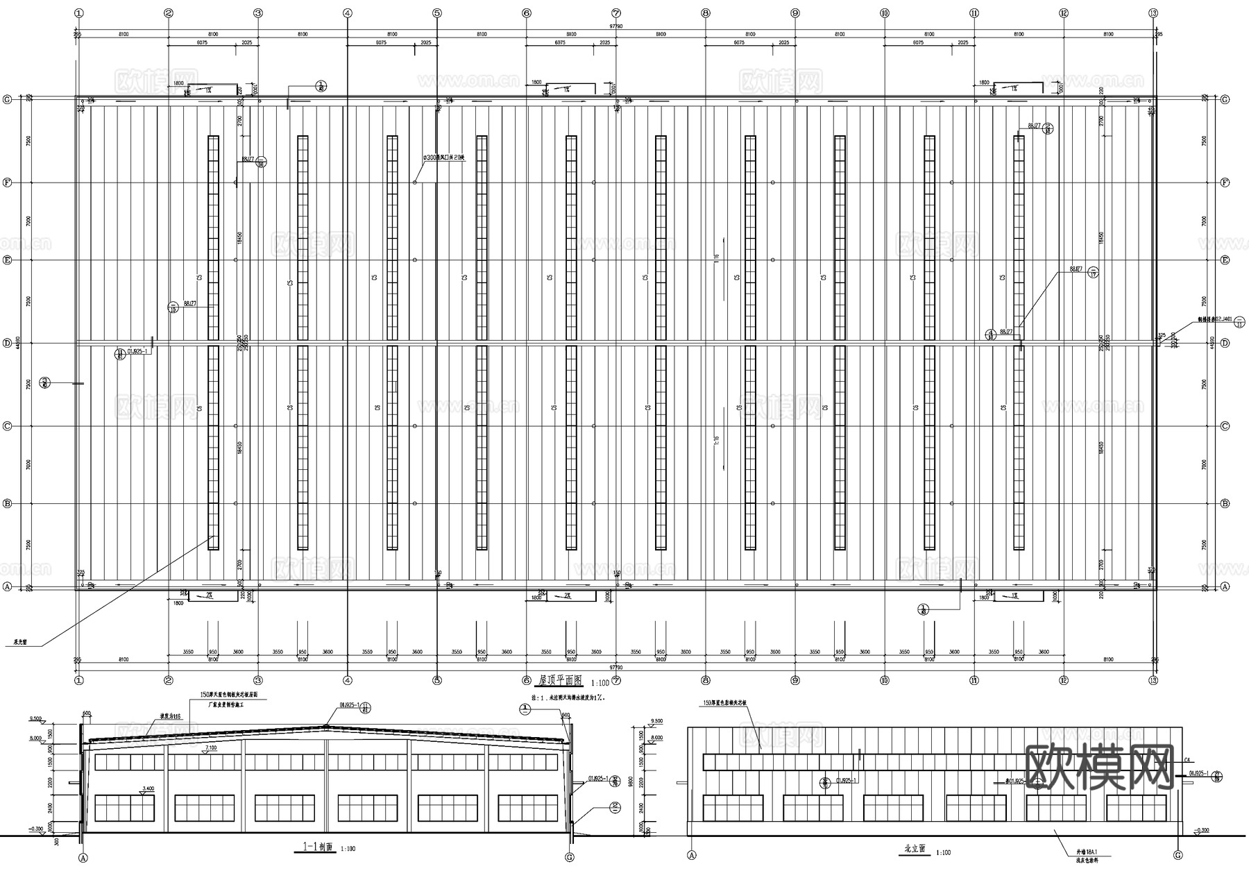 单层钢结构车间厂房工业建筑CAD施工图cad施工图