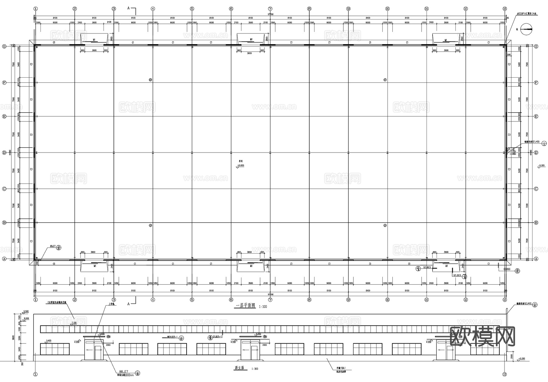单层钢结构车间厂房工业建筑CAD施工图cad施工图
