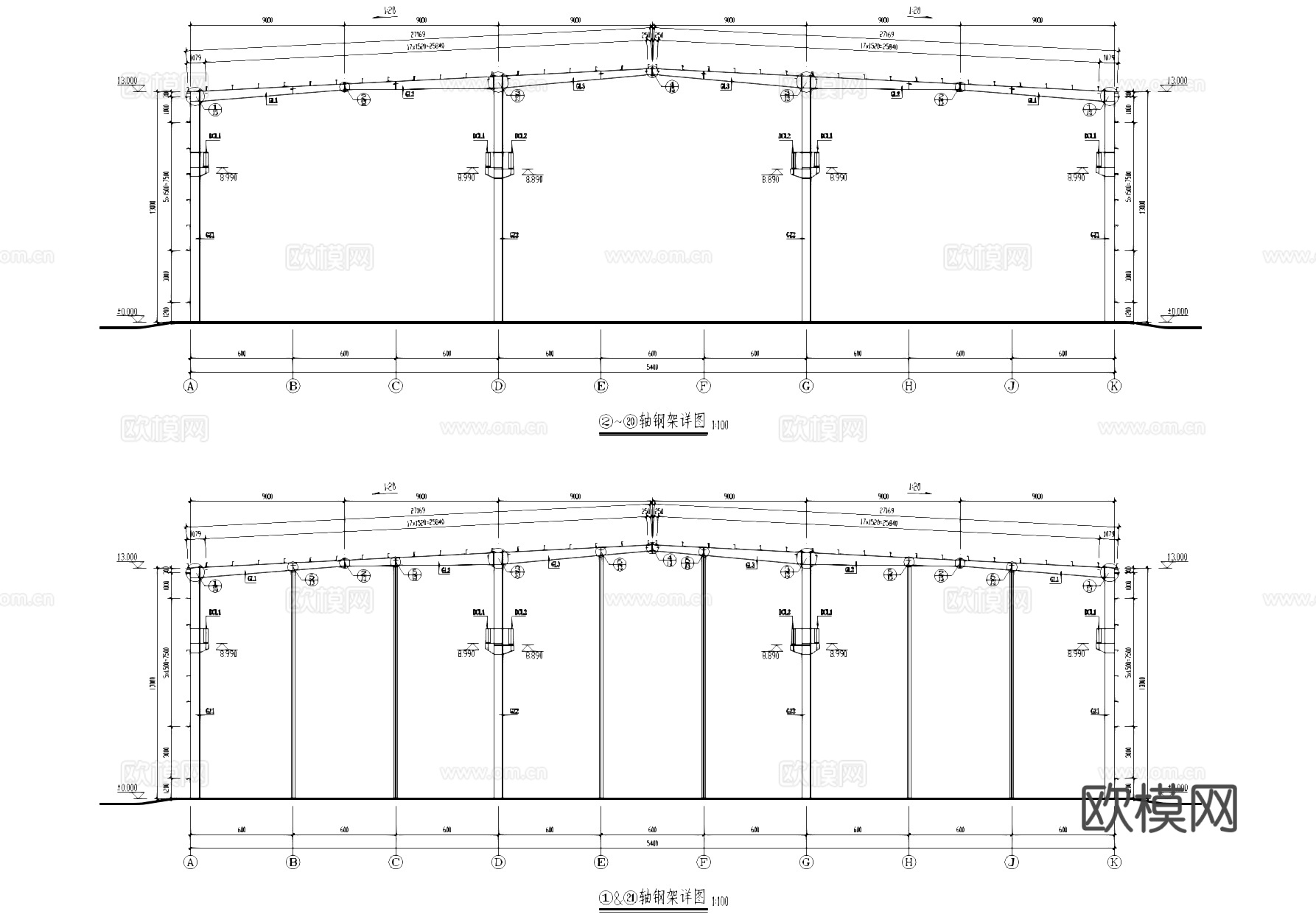 钢结构单层吊车车间仓库厂房工业建筑结构CAD施工图cad施工图