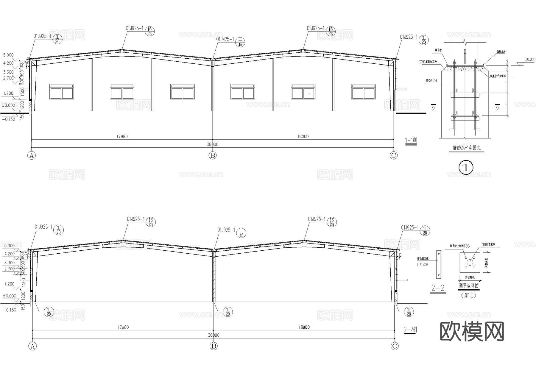 钢结构厂房单层戊类生产车间工业建筑cad施工图