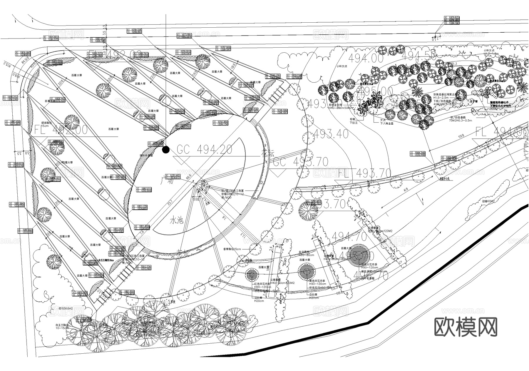 滨水公园 规划景观总平面图 植物种植绿化配置 河道码头广场cad施工图