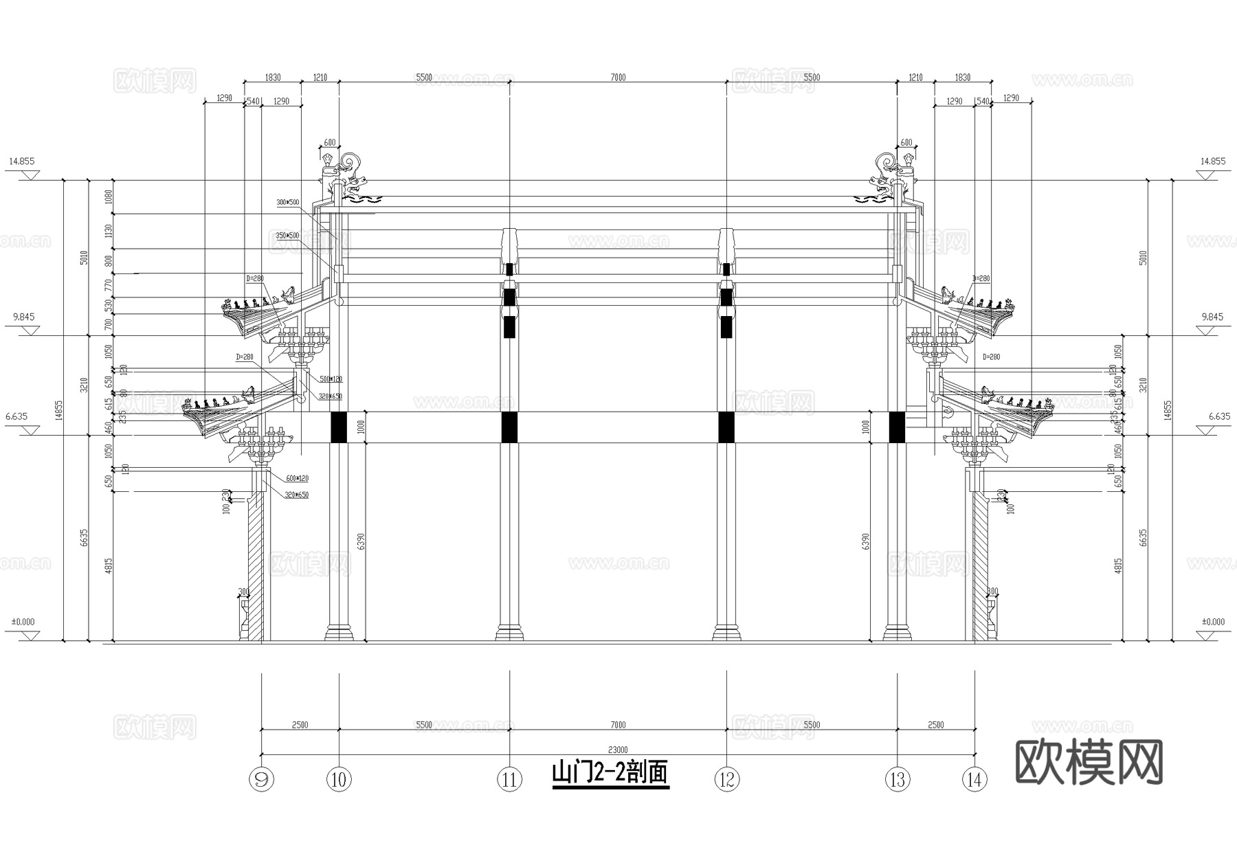 中式寺庙 山门古建大门门头cad施工图