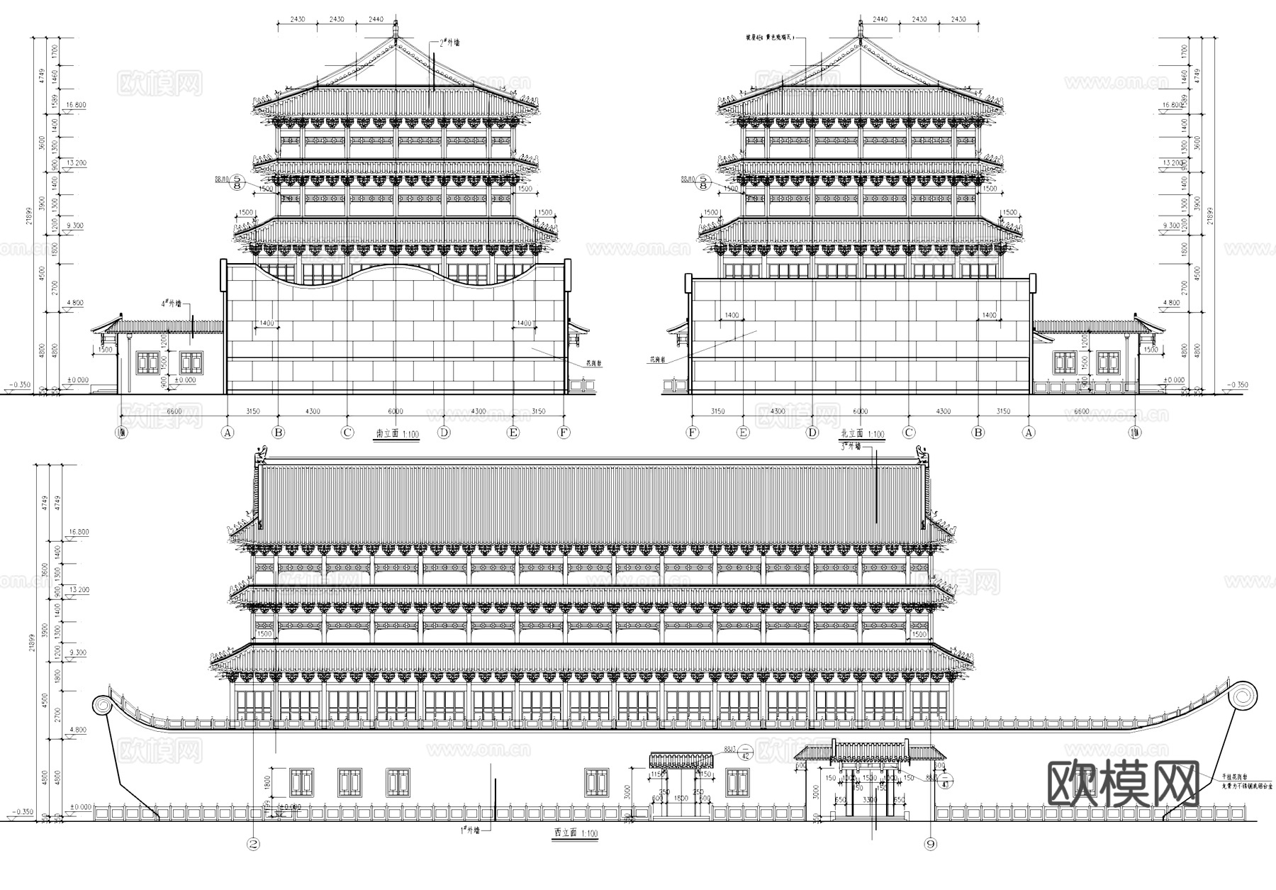 仿古建筑 船舶画舫船游船 立面图cad施工图