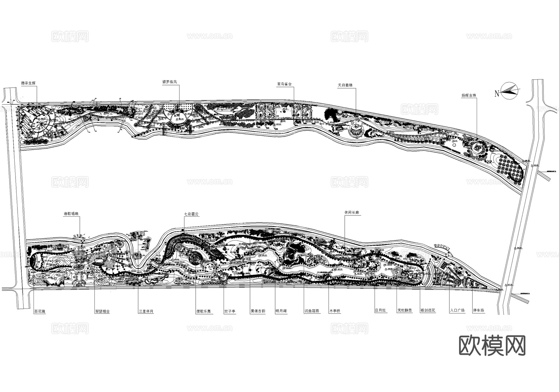 滨水公园 规划景观总平面图 植物种植绿化配置 河道码头广场cad施工图