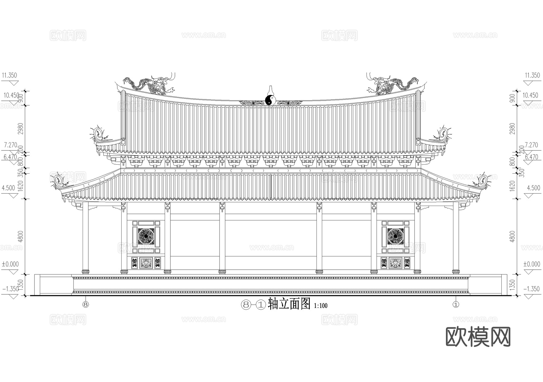 寺庙 道观大殿仿古建筑 重檐歇山顶cad施工图cad施工图